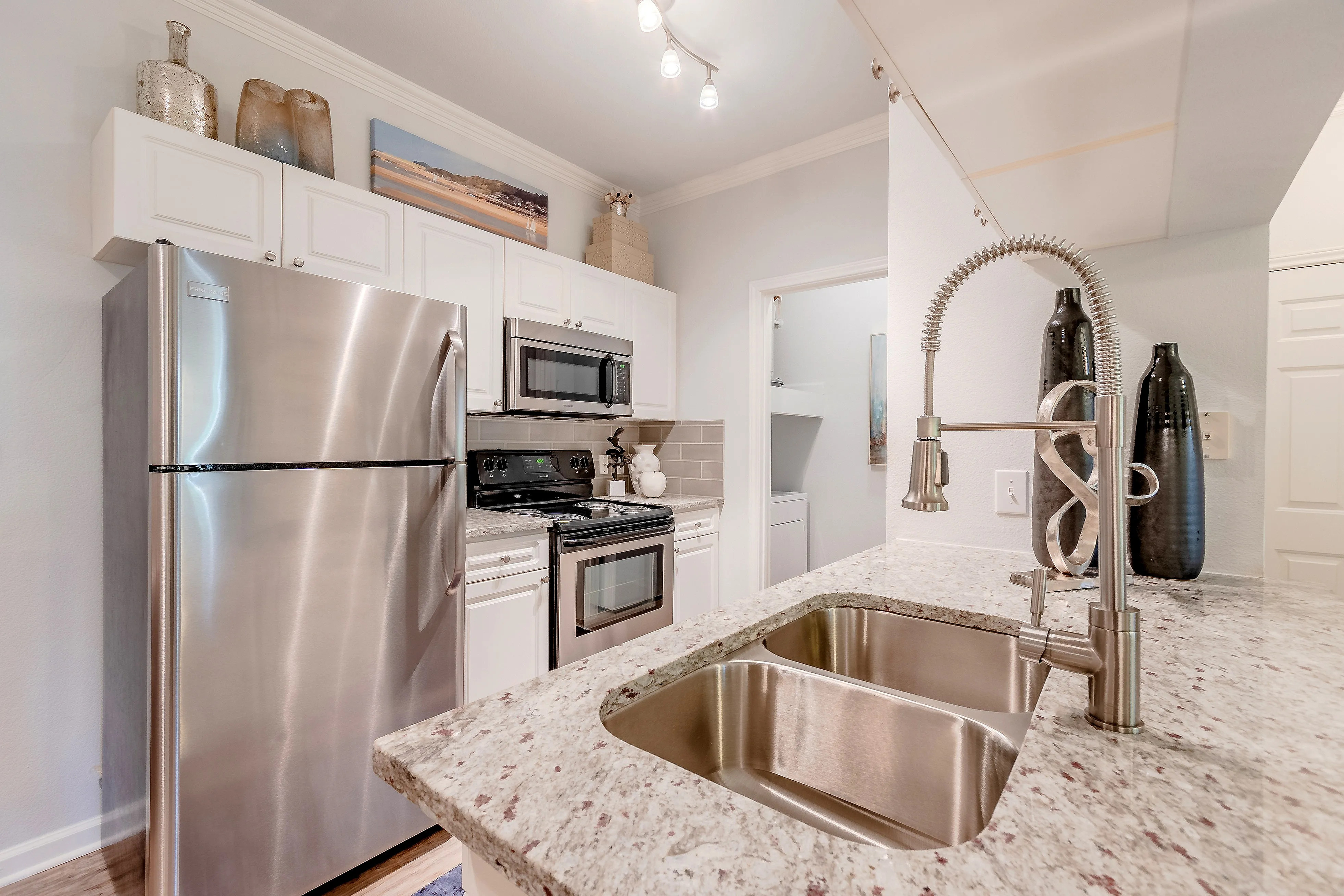 Elegant kitchen with modern stainless steel appliances, granite countertops, and contemporary decor accents.