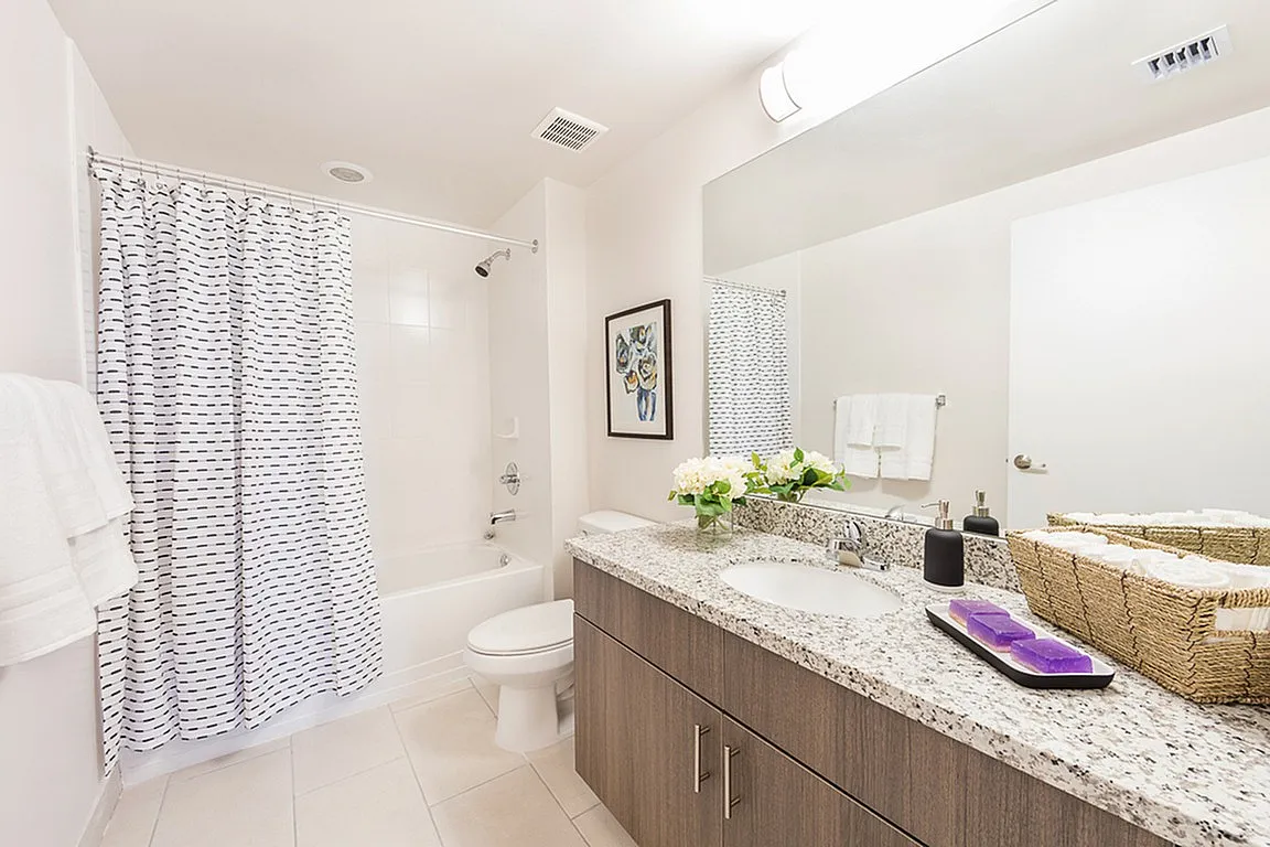 Elegant modern bathroom featuring a granite countertop, stylish sink, and a luxurious bathtub with patterned shower curtain. Accented with fresh flowers and contemporary decor.