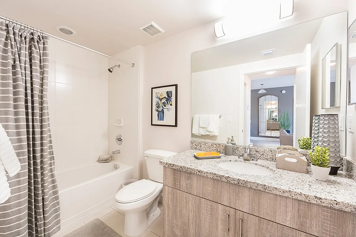 Bright and elegant bathroom with granite countertops, stylish fixtures, and a cozy bathtub in a contemporary apartment.