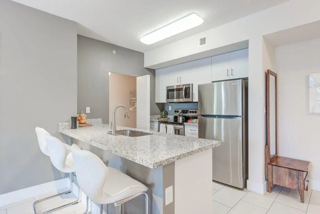 Modern kitchen with sleek granite countertops, stainless steel appliances, and elegant seating, creating a bright and inviting space.