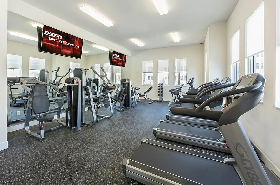 Bright and modern gym with state-of-the-art treadmills, exercise equipment, and large windows for abundant natural light.