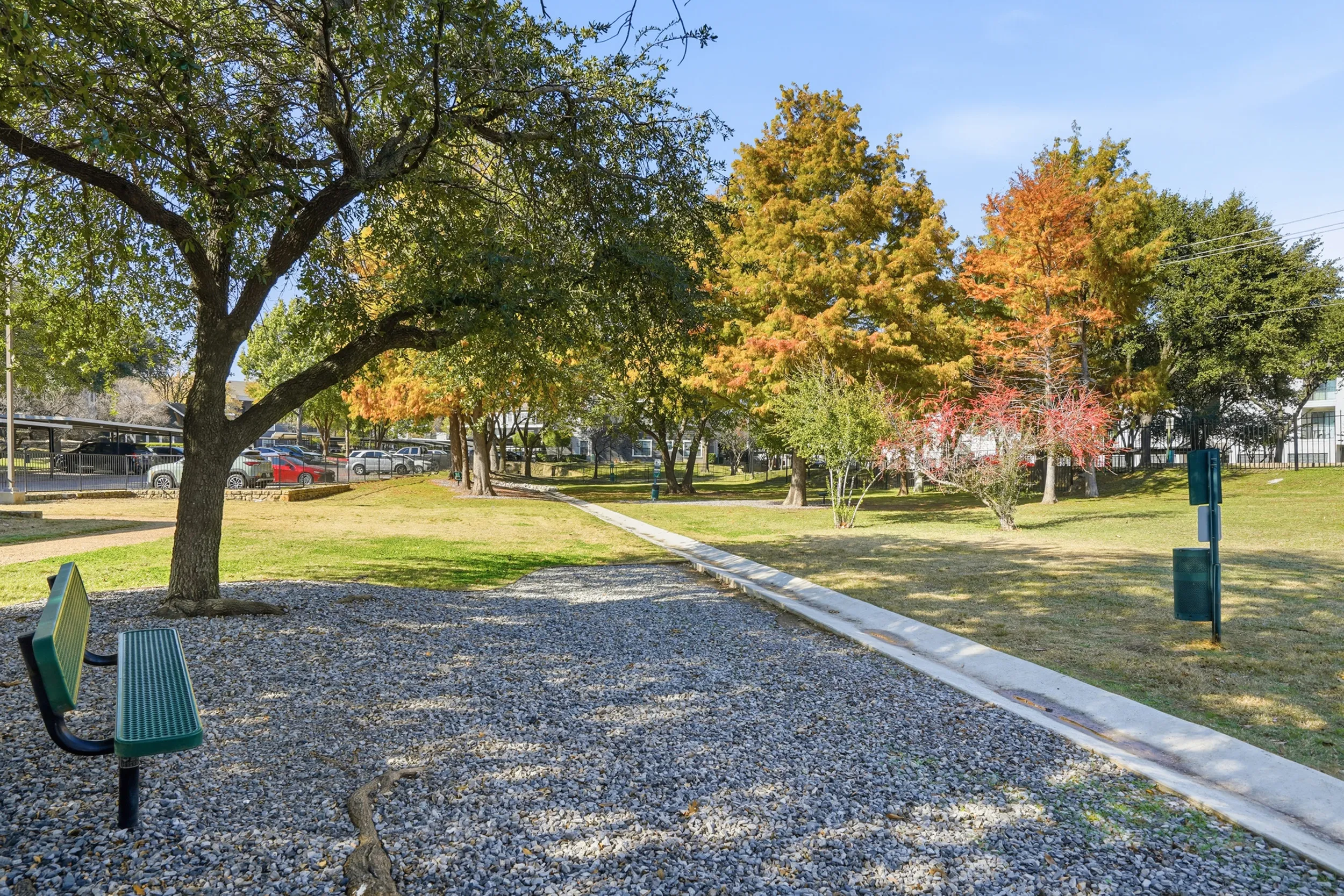 Pet-friendly space for outdoor activities with a bench and pet stations