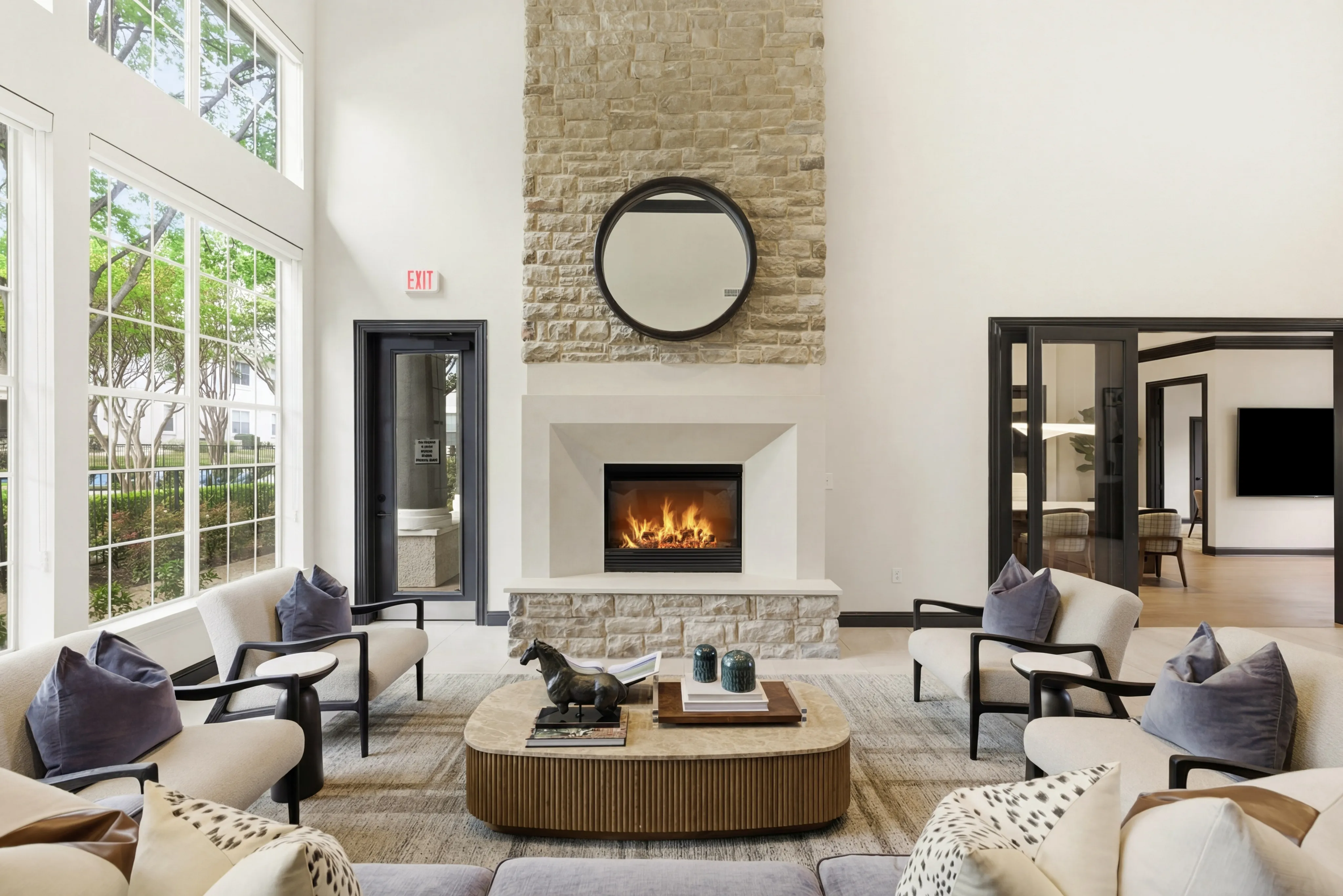 Lobby Lounge with Fireplace and Seating