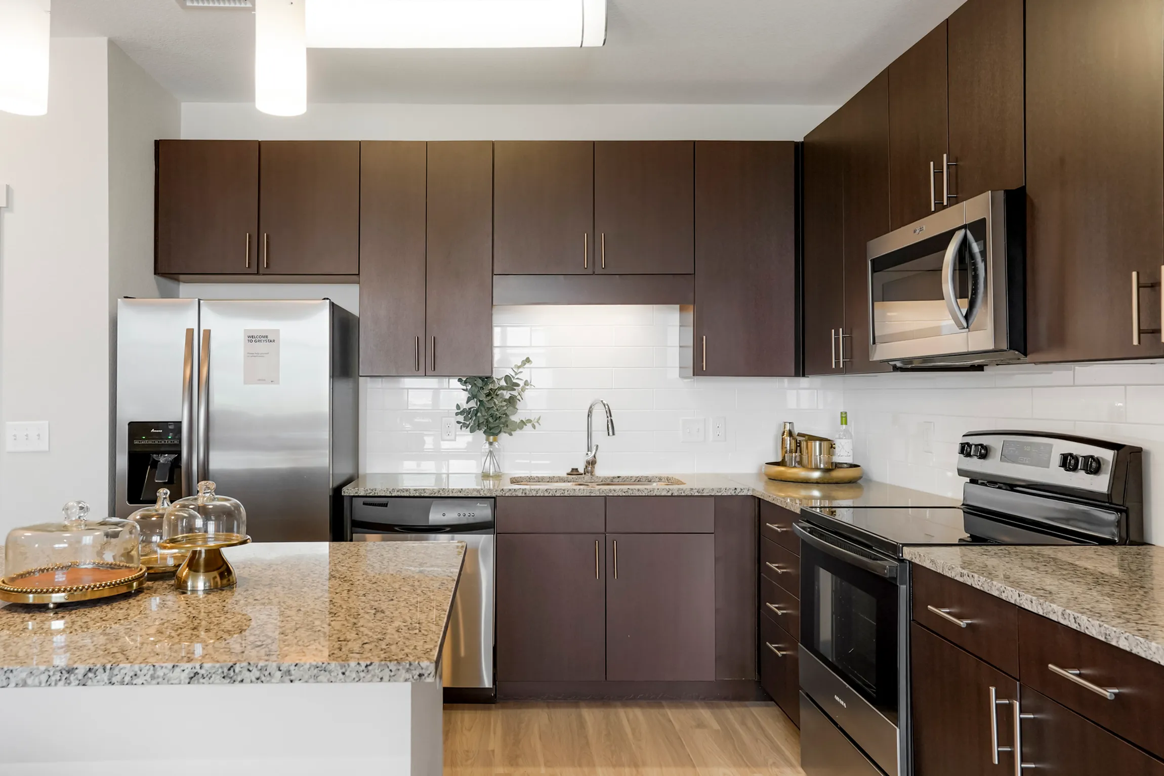 Modern kitchen showcasing sleek dark wood cabinets, stainless steel appliances, and elegant granite countertops.