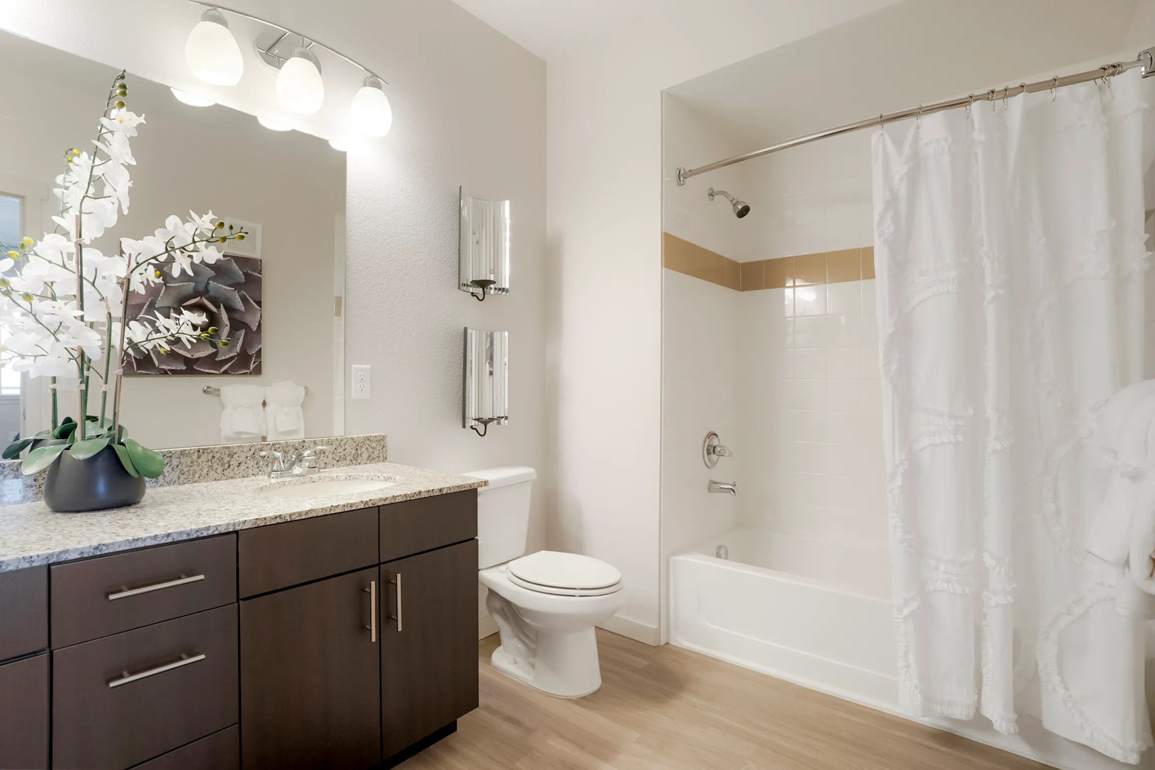 Elegant bathroom featuring chic granite countertops, modern lighting, and stylish decor with a relaxing bathtub and shower.