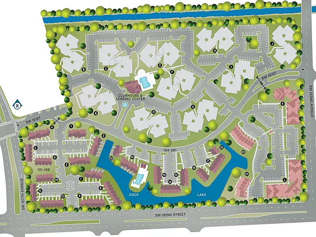 Vibrant community map showcasing multiple residential buildings, lush landscaping, a scenic lake, swimming pool, and clubhouse for an inviting living experience.