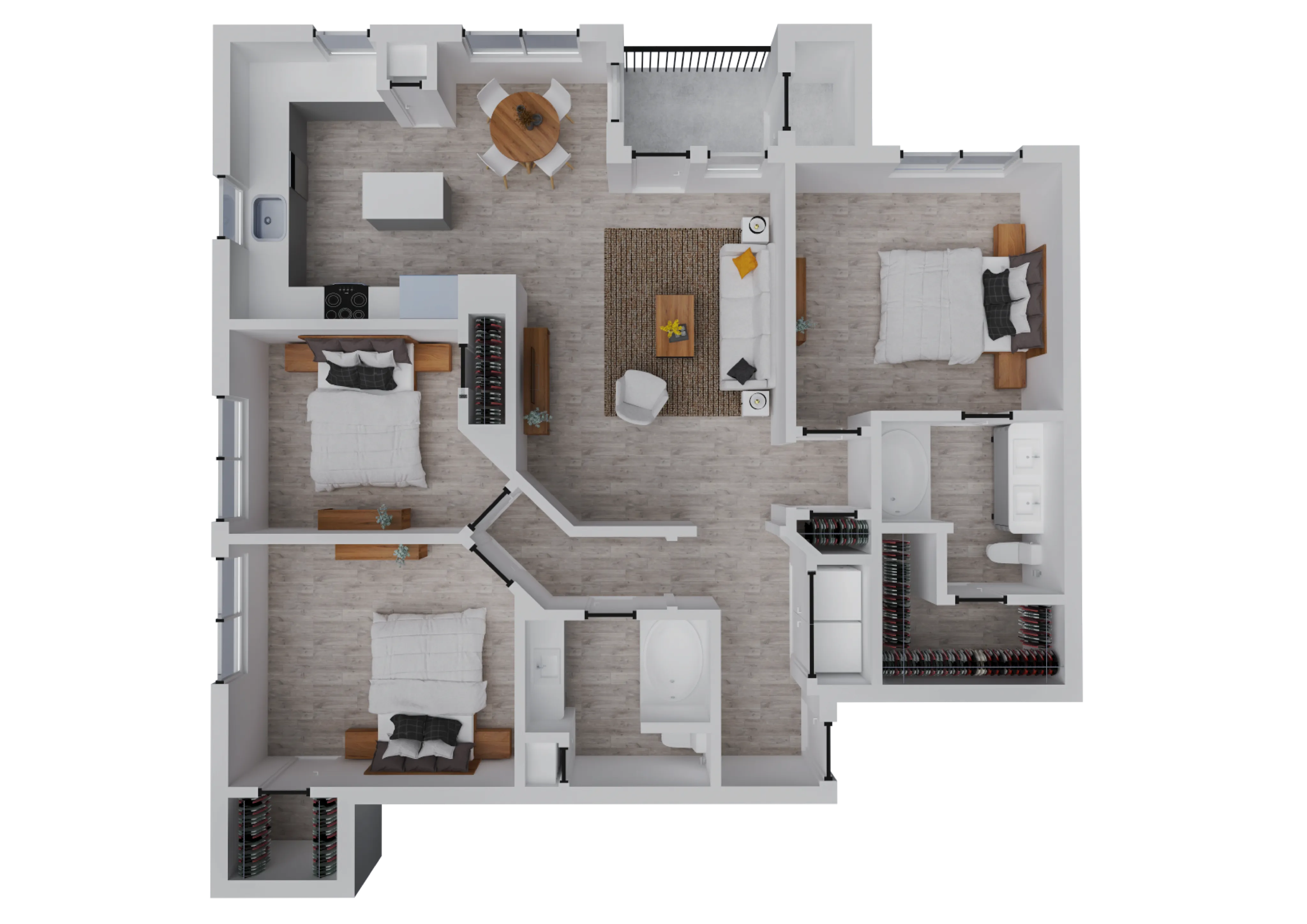 Elegant floor plan showing three bedrooms, a stylish living area, and a modern kitchen with dining space.