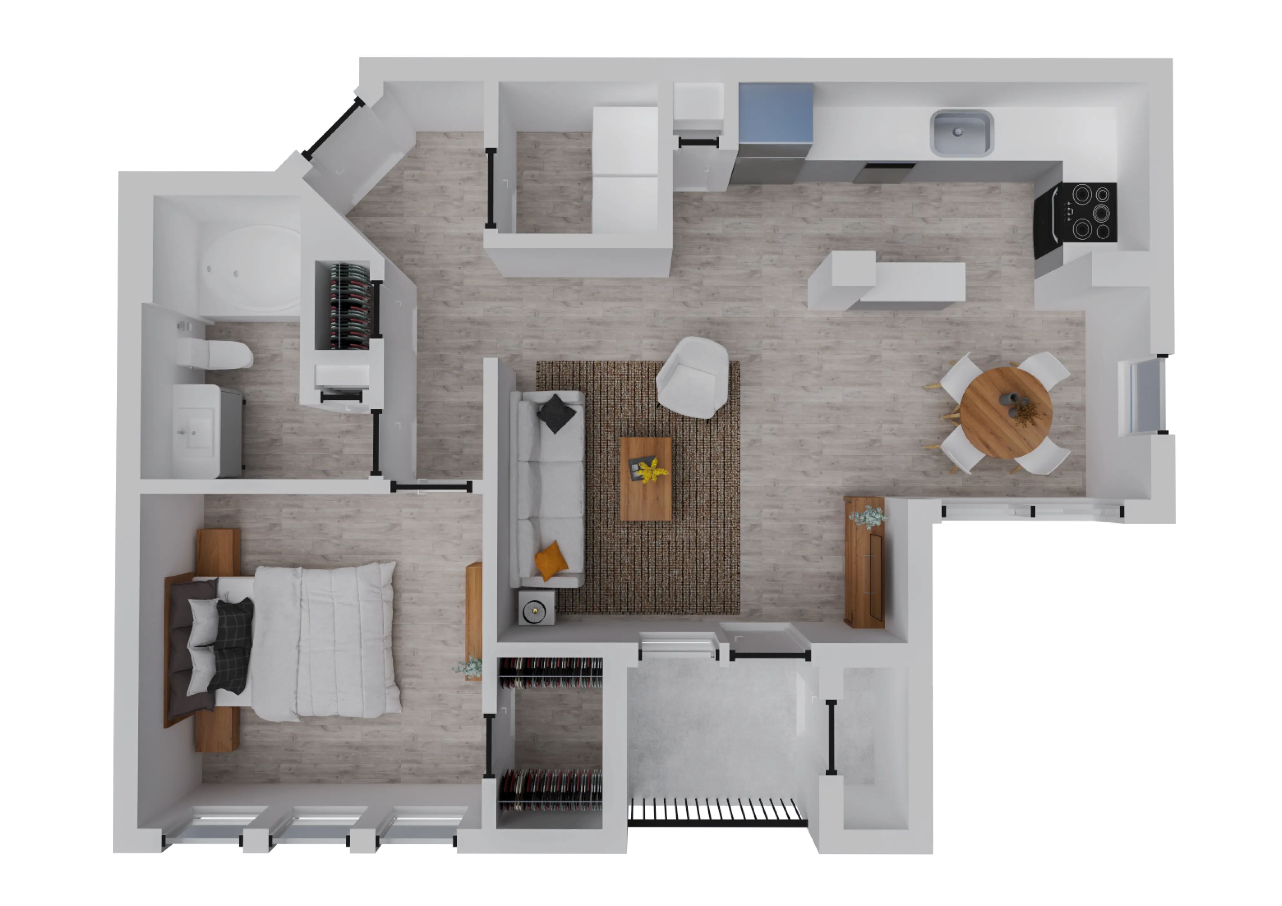 Modern 1-bedroom apartment floor plan with spacious living area, stylish kitchen, and cozy bathroom.