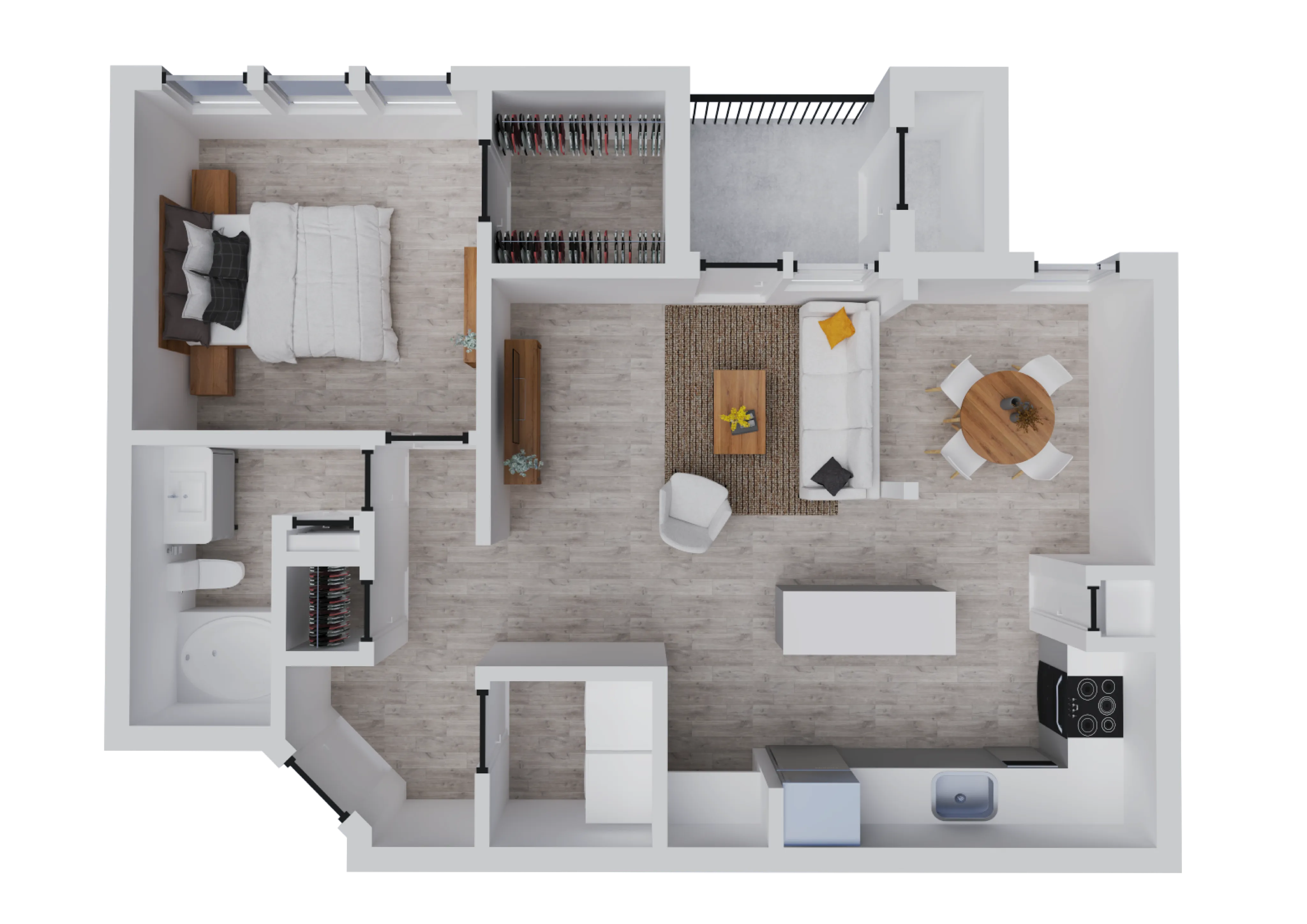 Inviting open-concept floor plan featuring a cozy bedroom, modern bathroom, spacious living area with stylish furniture, and a sleek kitchen with dining space.
