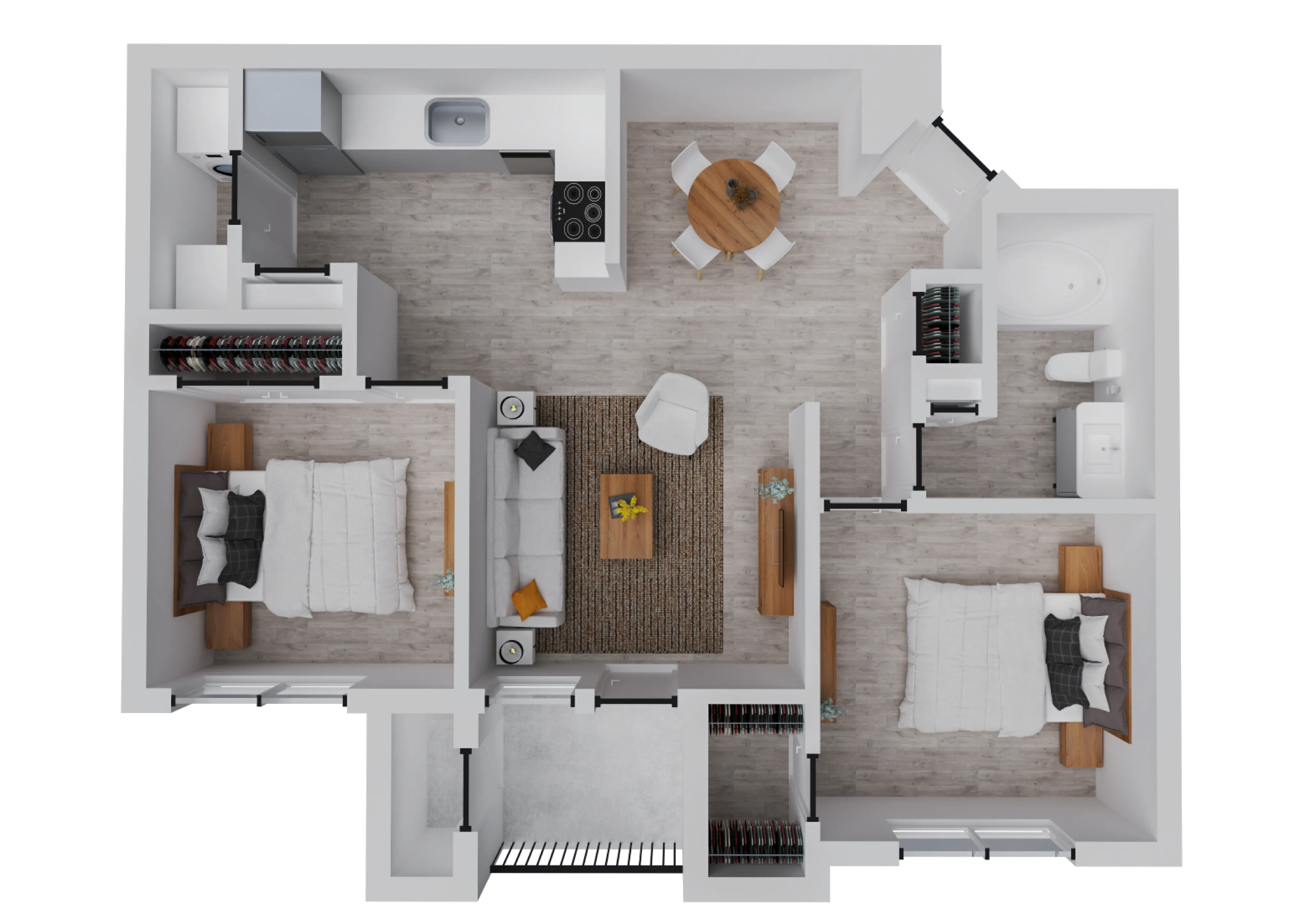 Modern 3D floor plan showcasing 2 cozy bedrooms, a stylish open kitchen, inviting living area, and elegant bathroom.