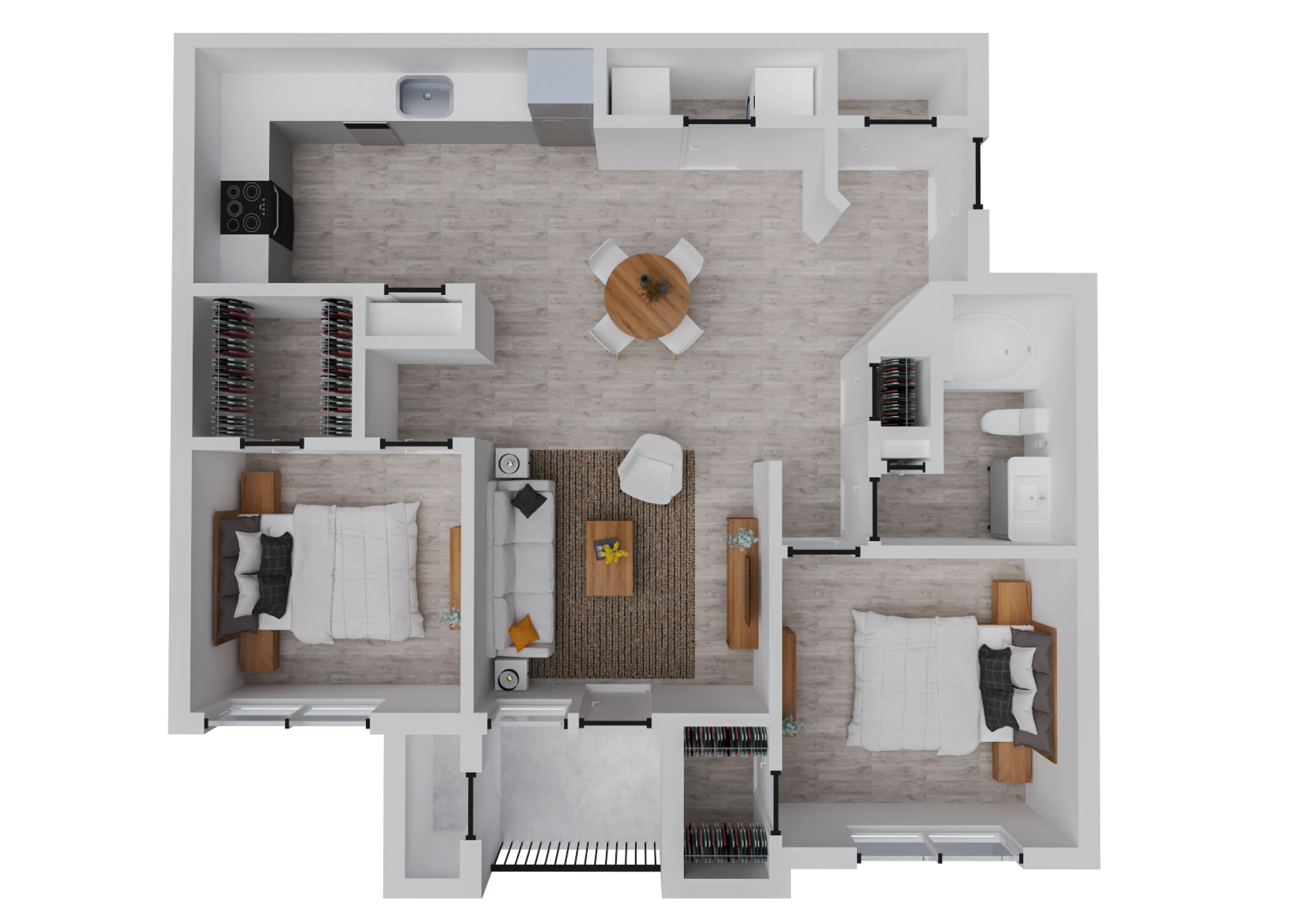 Modern floor plan featuring 2 spacious bedrooms, an open living and dining area, sleek kitchen, and a stylish bathroom.