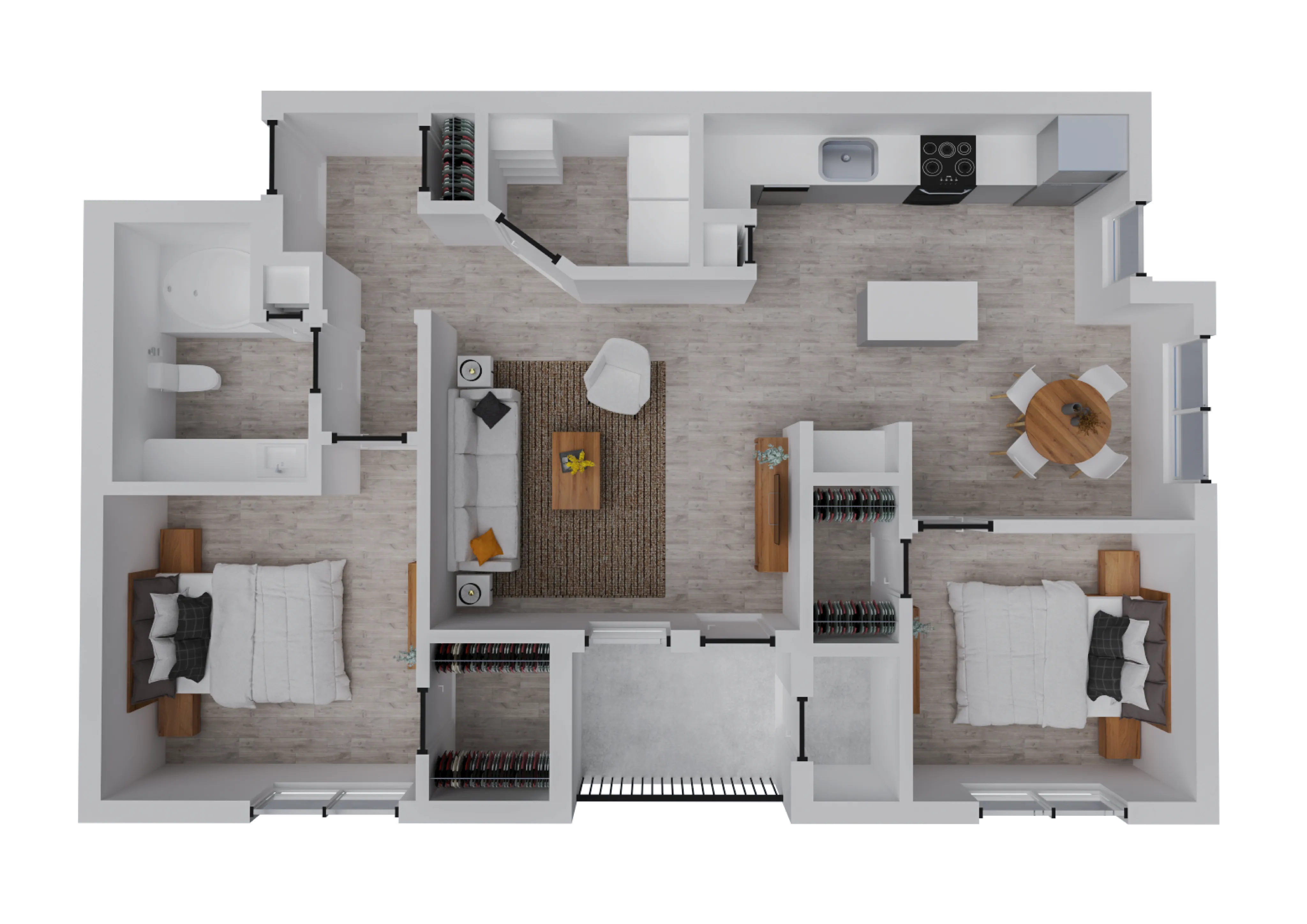 Modern 2D floor plan showcasing 2 cozy bedrooms, a spacious living room, sleek kitchen, and elegant bathroom.