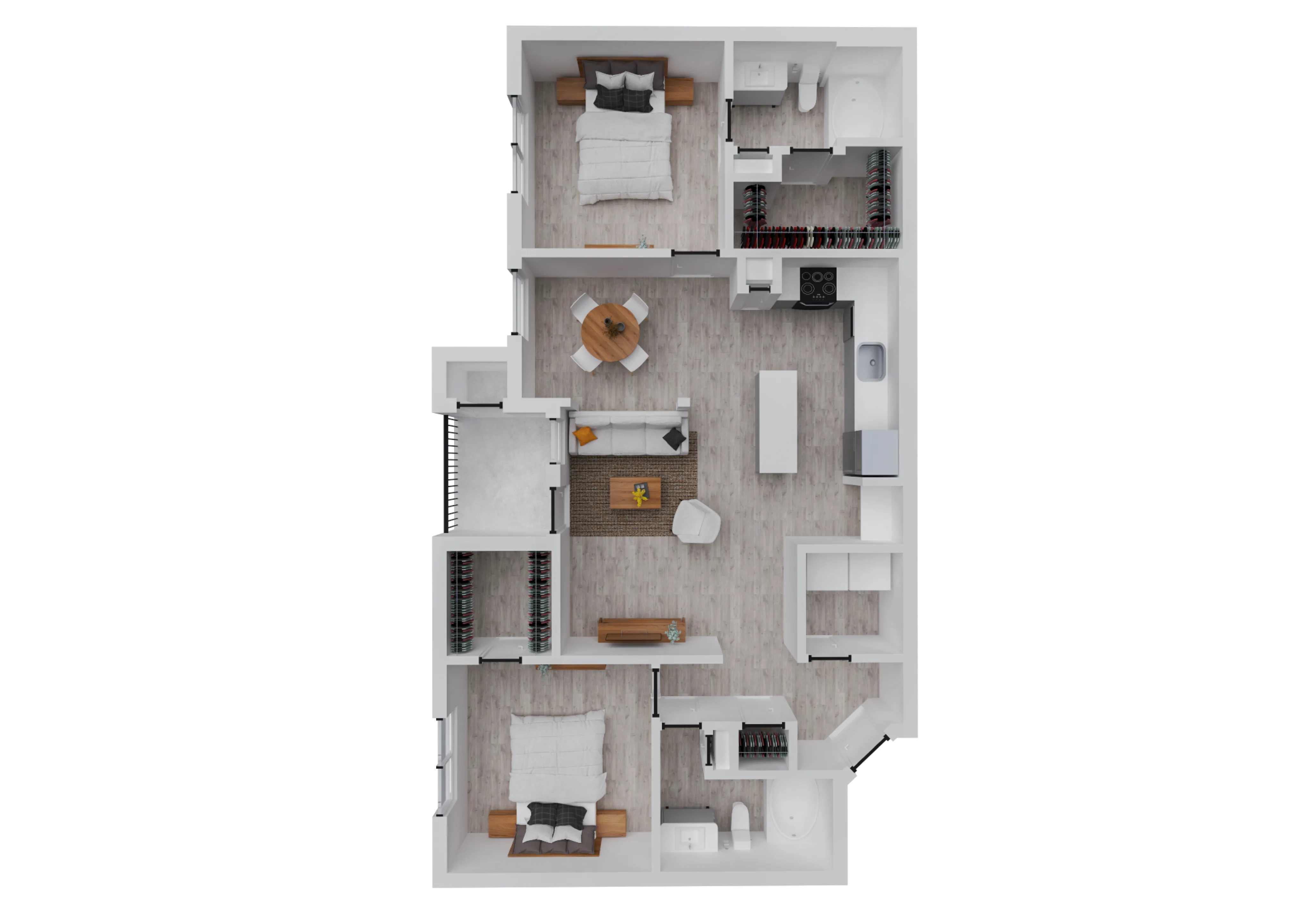 Contemporary 2D floor plan showcasing a stylish 2-bedroom layout with an open-concept living space, modern kitchen, and two elegant bathrooms.