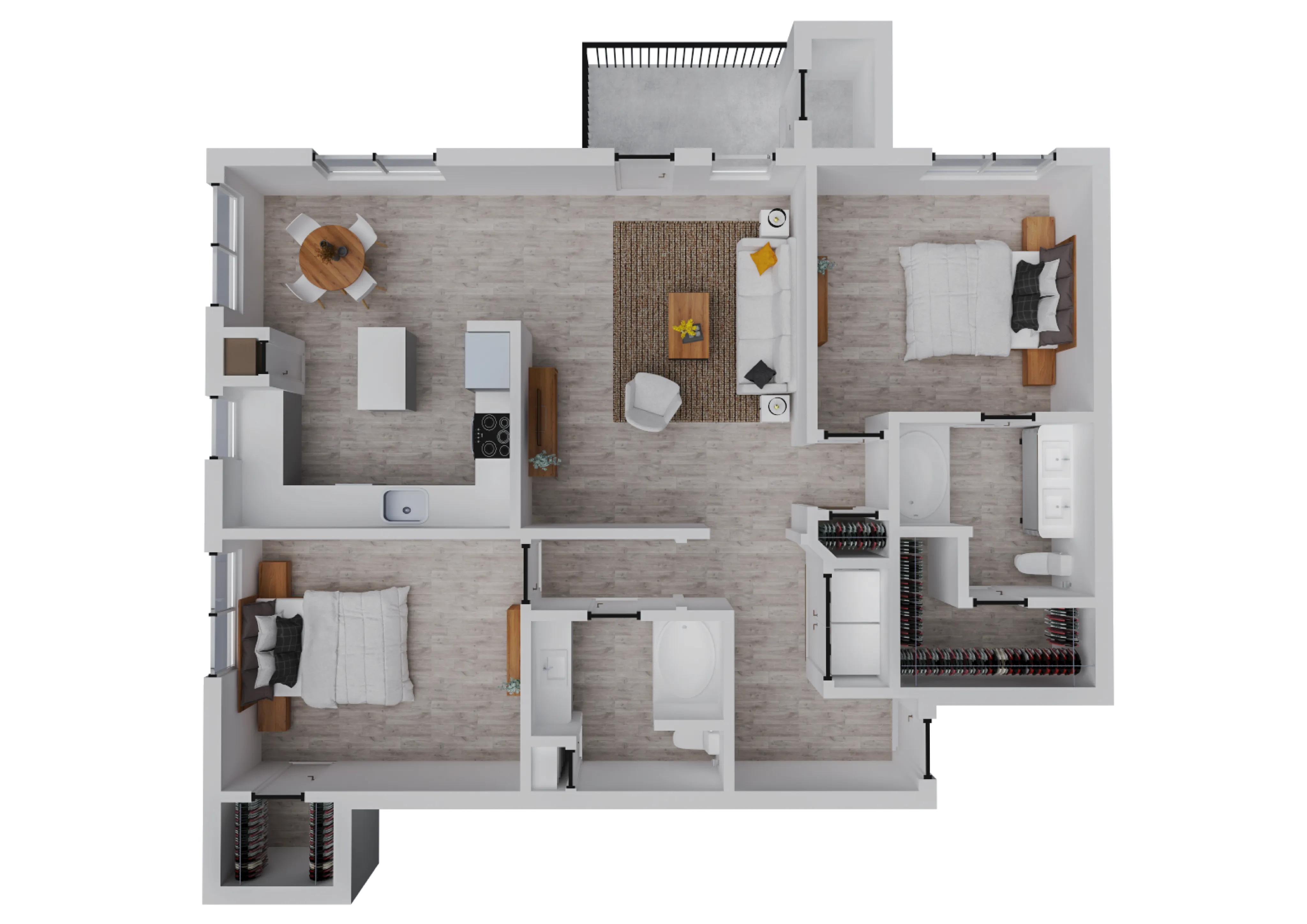 Contemporary floor plan showcasing 2 bedrooms, open-concept living room, modern kitchen, and cozy dining area.