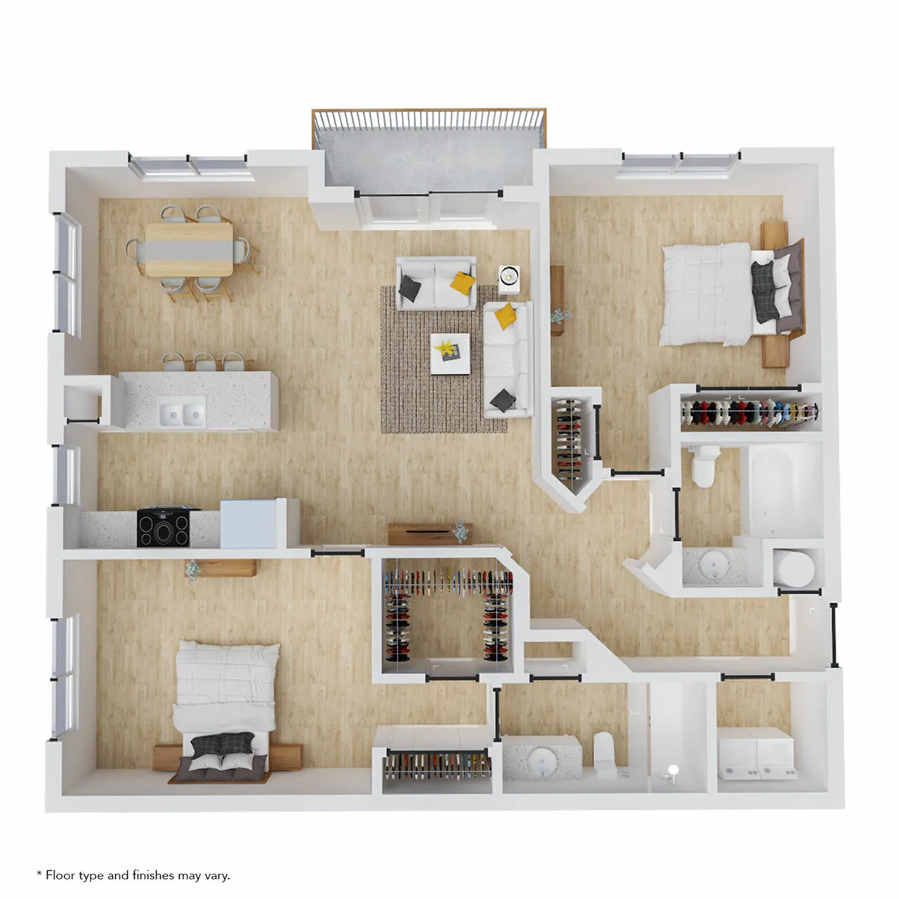 Modern 3D floor plan featuring 2 bedrooms, spacious living area, open kitchen, and cozy dining space with balcony access.