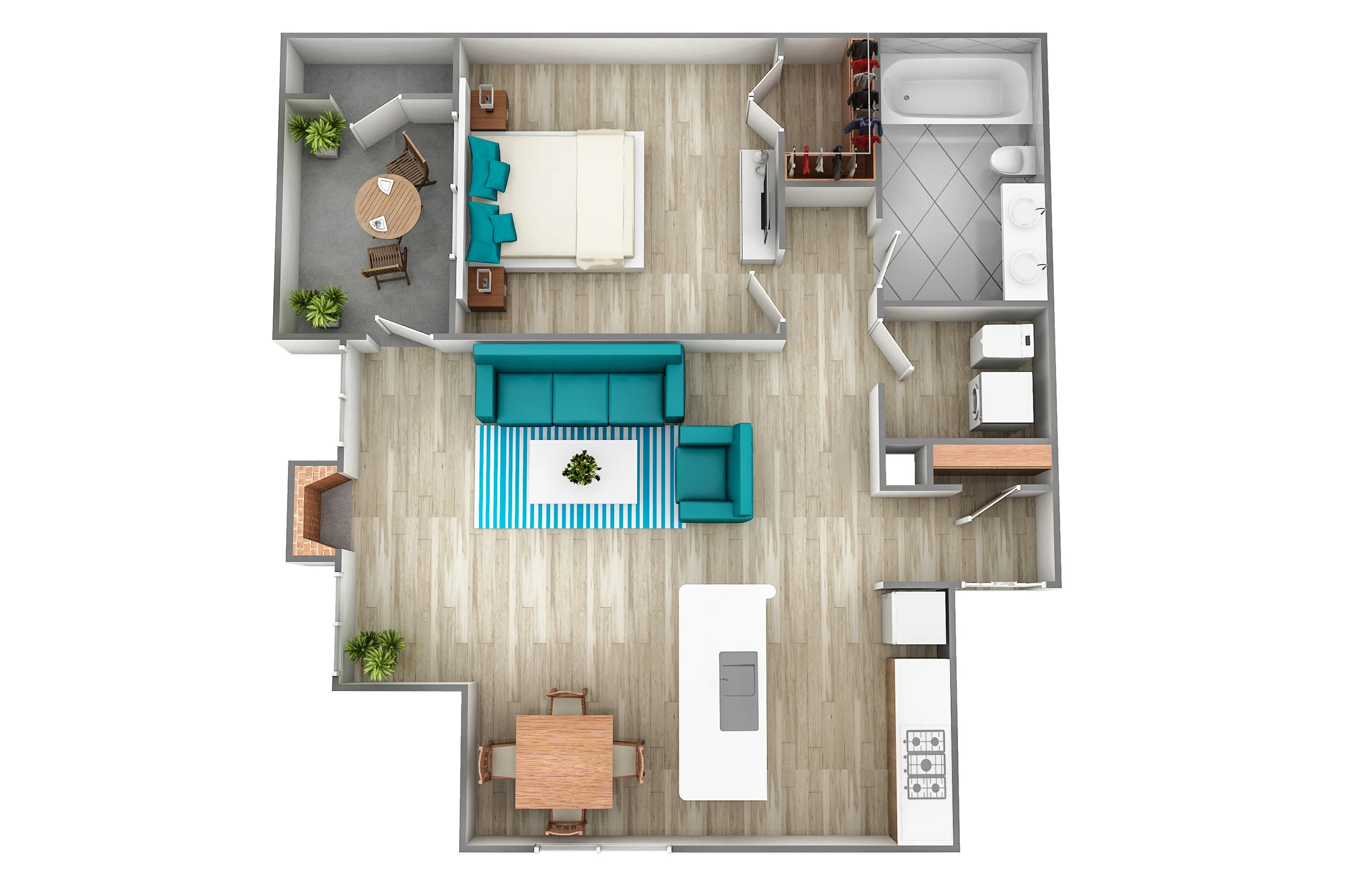 Modern 3D apartment floor plan showcasing a single bedroom, open living area, kitchen with island, and cozy balcony.