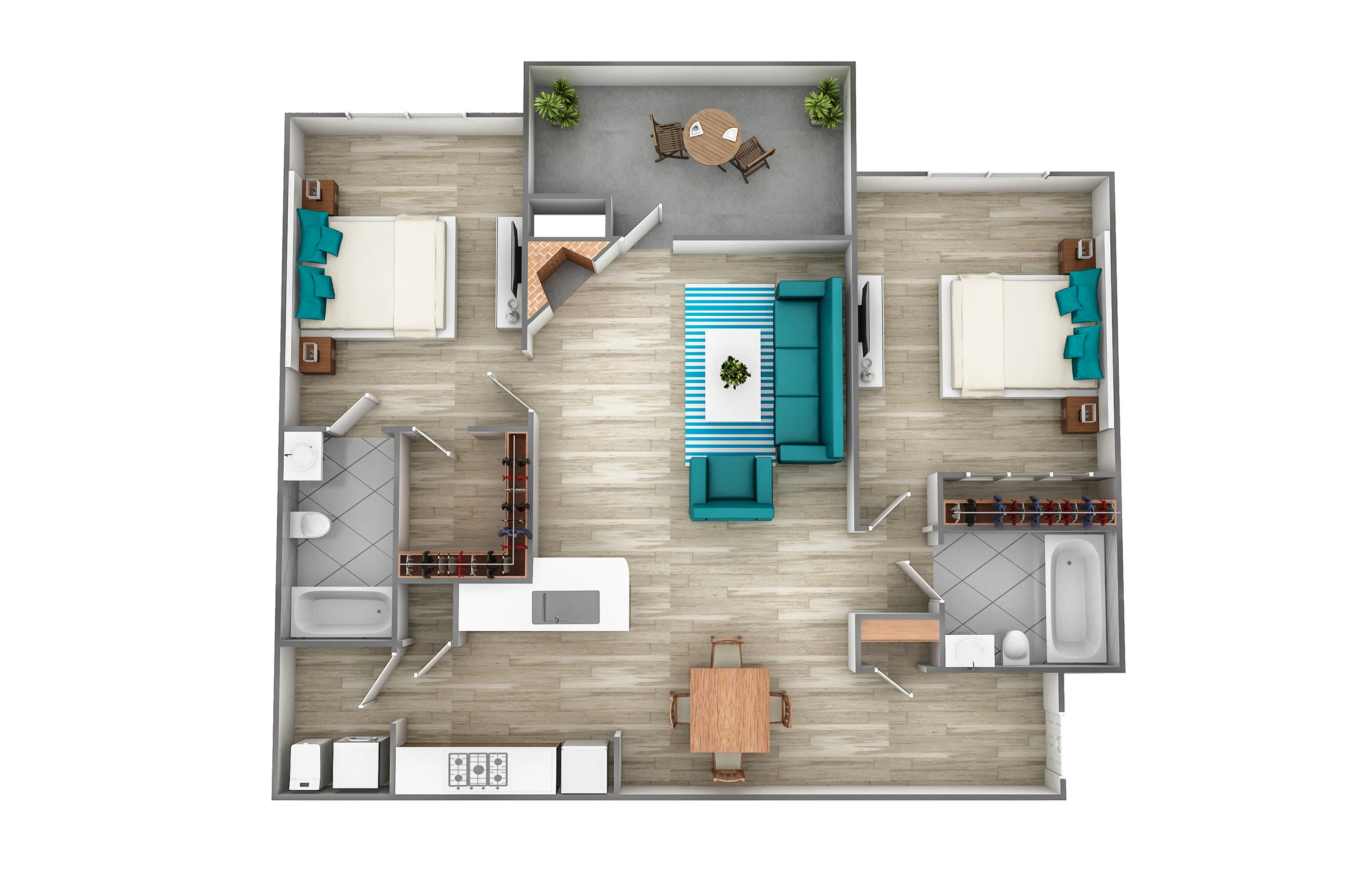Modern apartment floor plan showcasing 2 spacious bedrooms, an open-concept living area, sleek kitchen, and inviting balcony.
