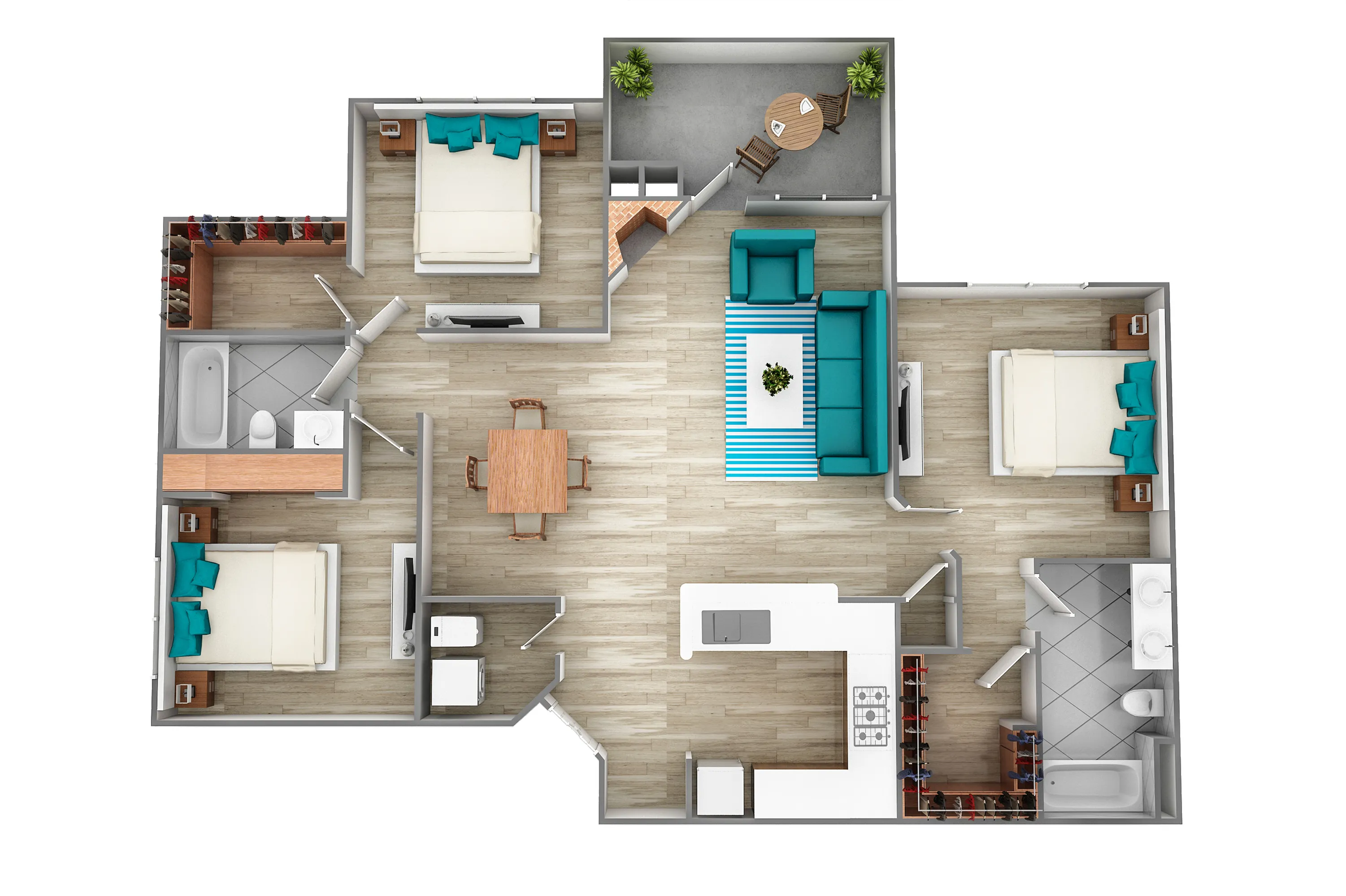 Modern 3D floor plan featuring 3 spacious bedrooms, open living area, fully equipped kitchen, and cozy balcony space.