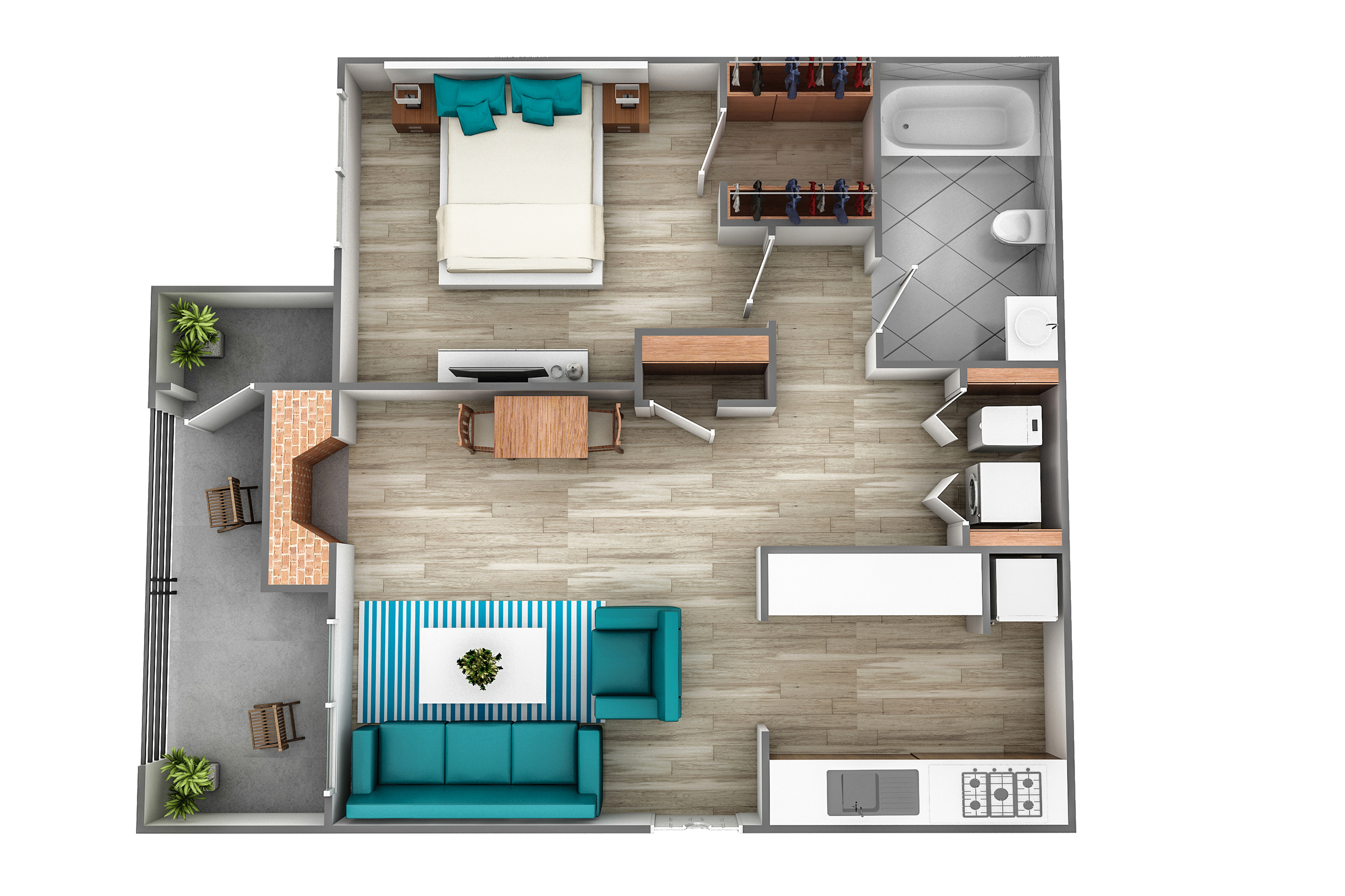 Modern 3D floor plan featuring a cozy bedroom, open living area with stylish furniture, and a well-equipped kitchen.