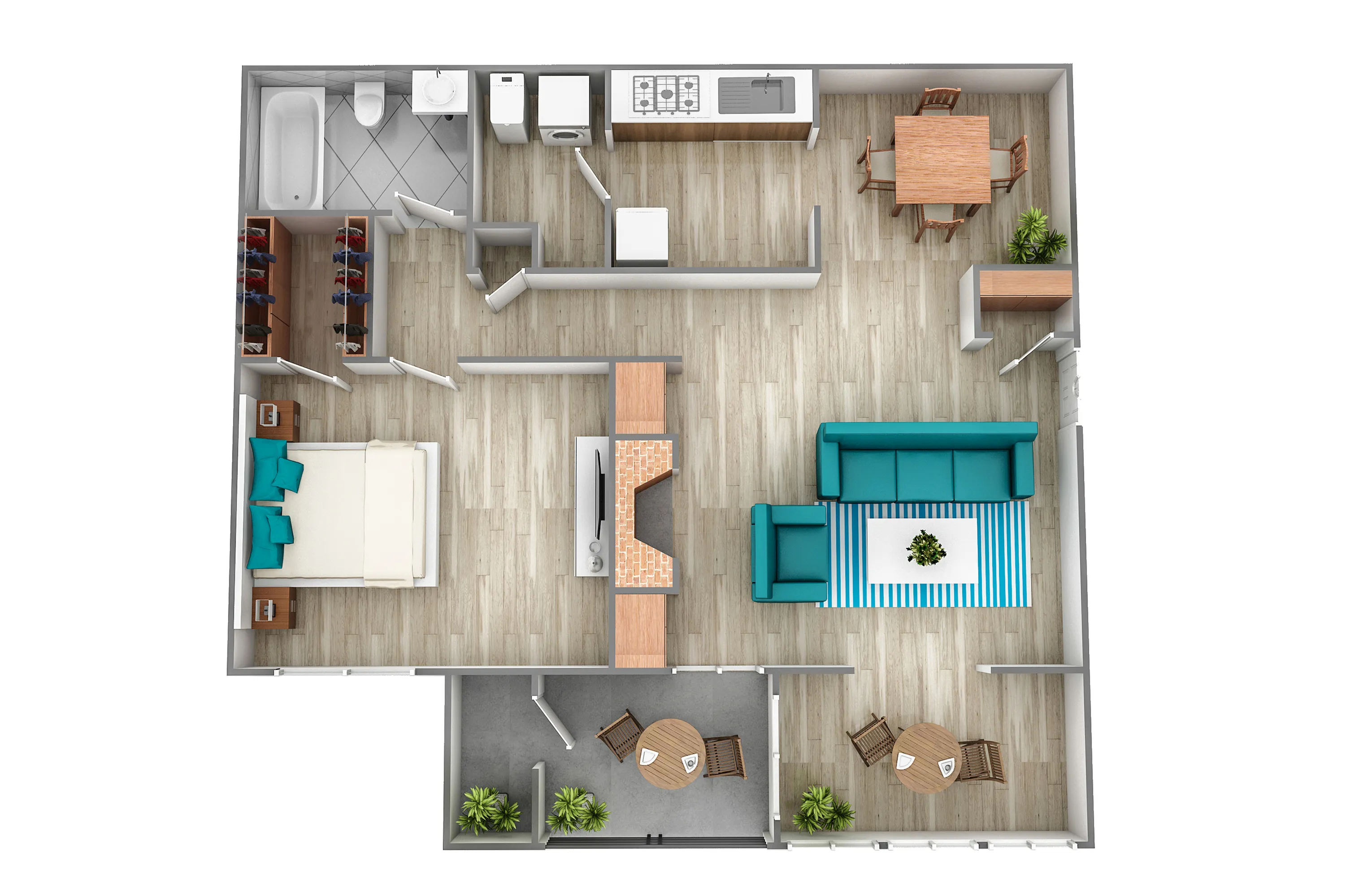 Inviting 3D floor plan showcasing a cozy 1-bedroom apartment with spacious living area, modern kitchen, dining area, and private outdoor terrace.