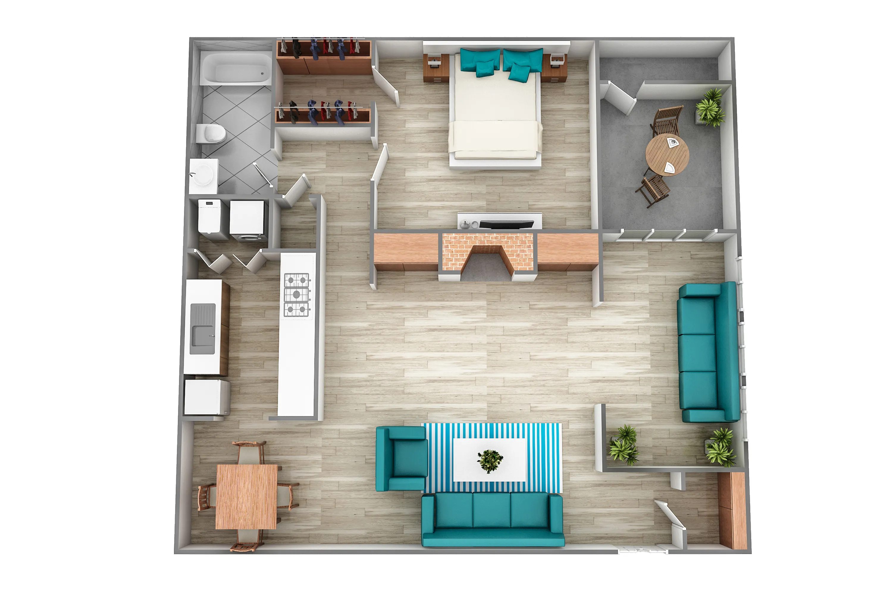 Modern 3D floor plan showcasing a spacious one-bedroom apartment with open-concept living area, sleek kitchen, and cozy dining space. Features a stylish living room and private balcony.