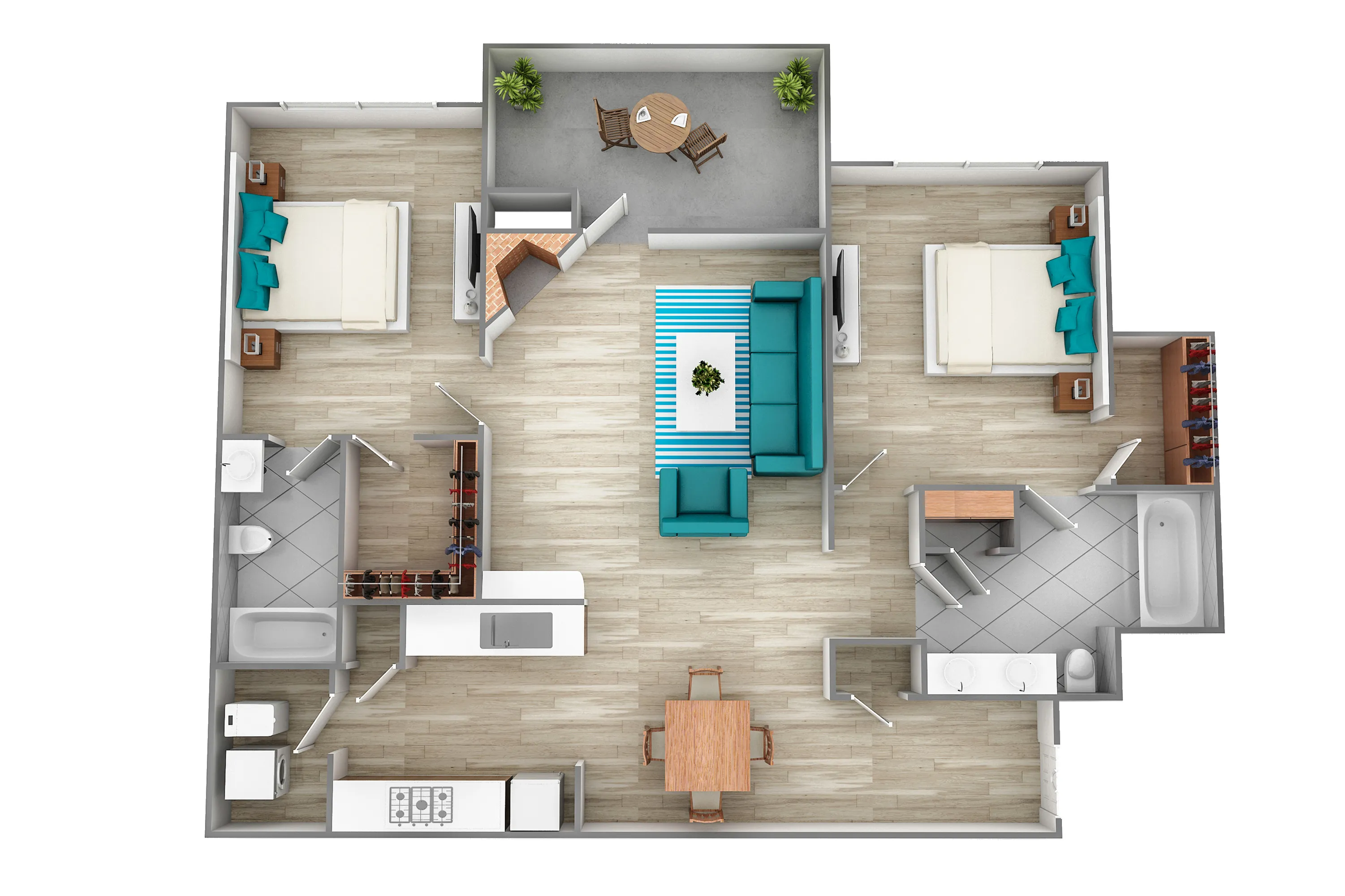 Modern 3D floor plan showcasing two bedrooms, spacious living area, open kitchen, and cozy balcony with stylish decor.