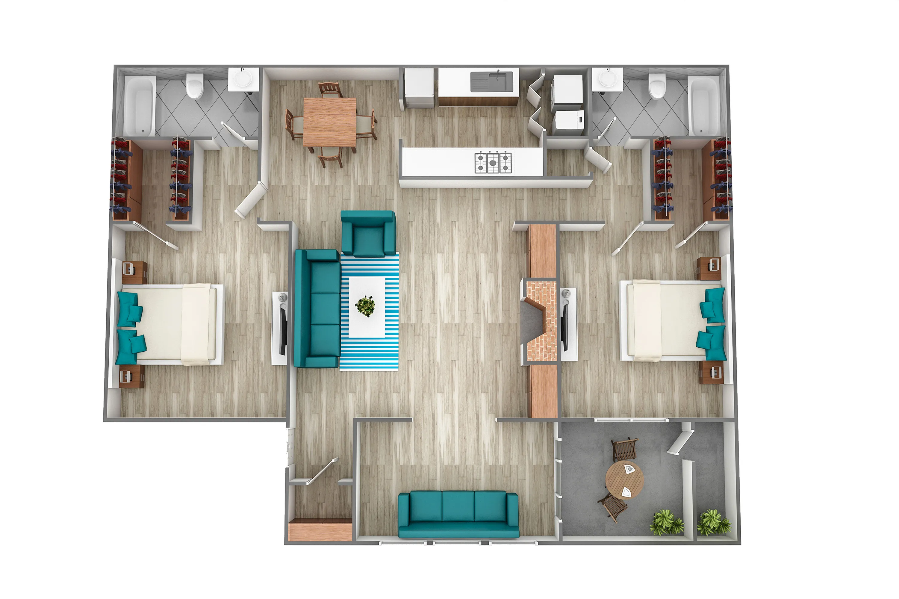 Modern 2D floor plan featuring two spacious bedrooms, a sleek open-concept kitchen and living area, and stylish furnishings.