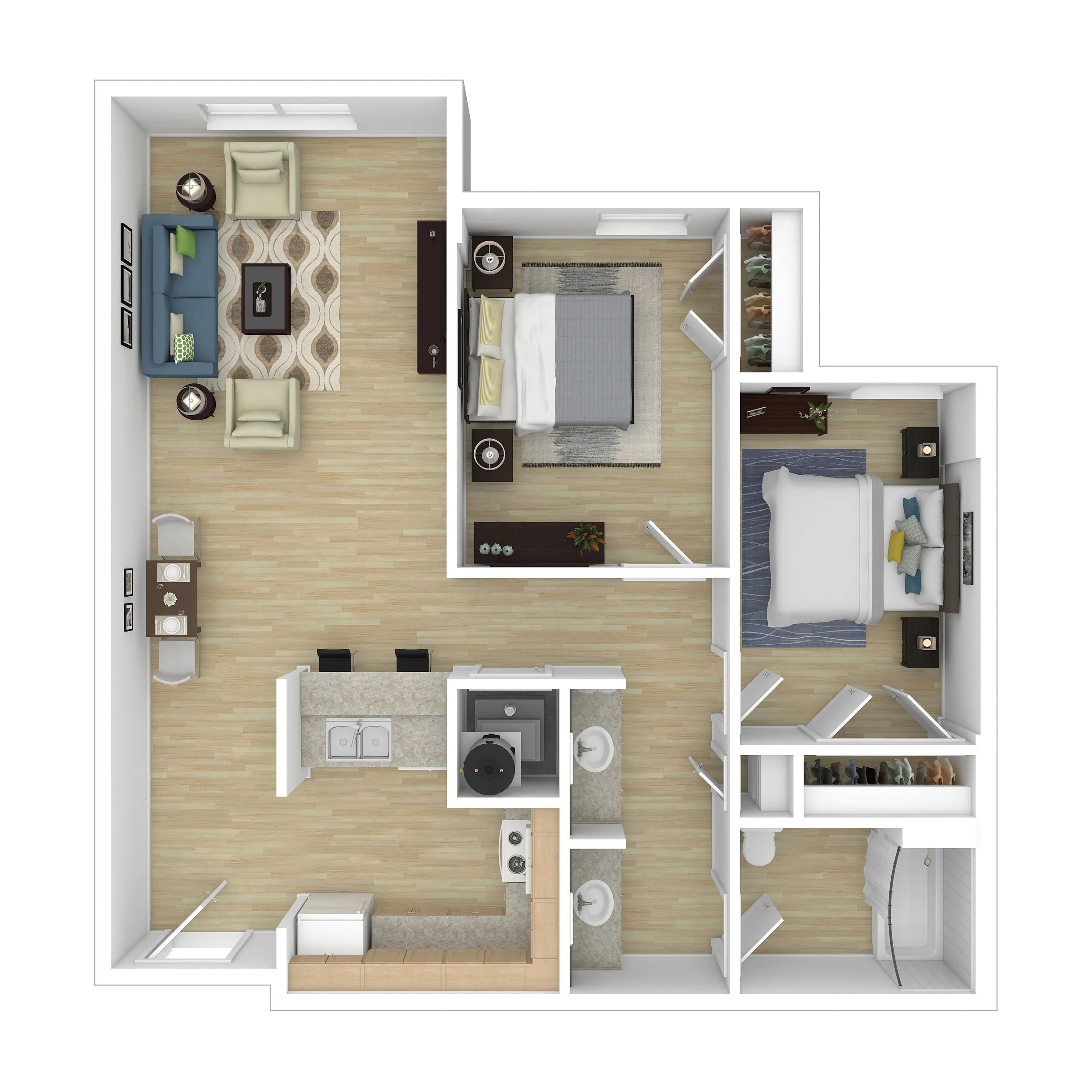 Modern 2D floor plan showcasing 2 bedrooms, a cozy open-concept living area, and a stylish kitchen with ample storage.