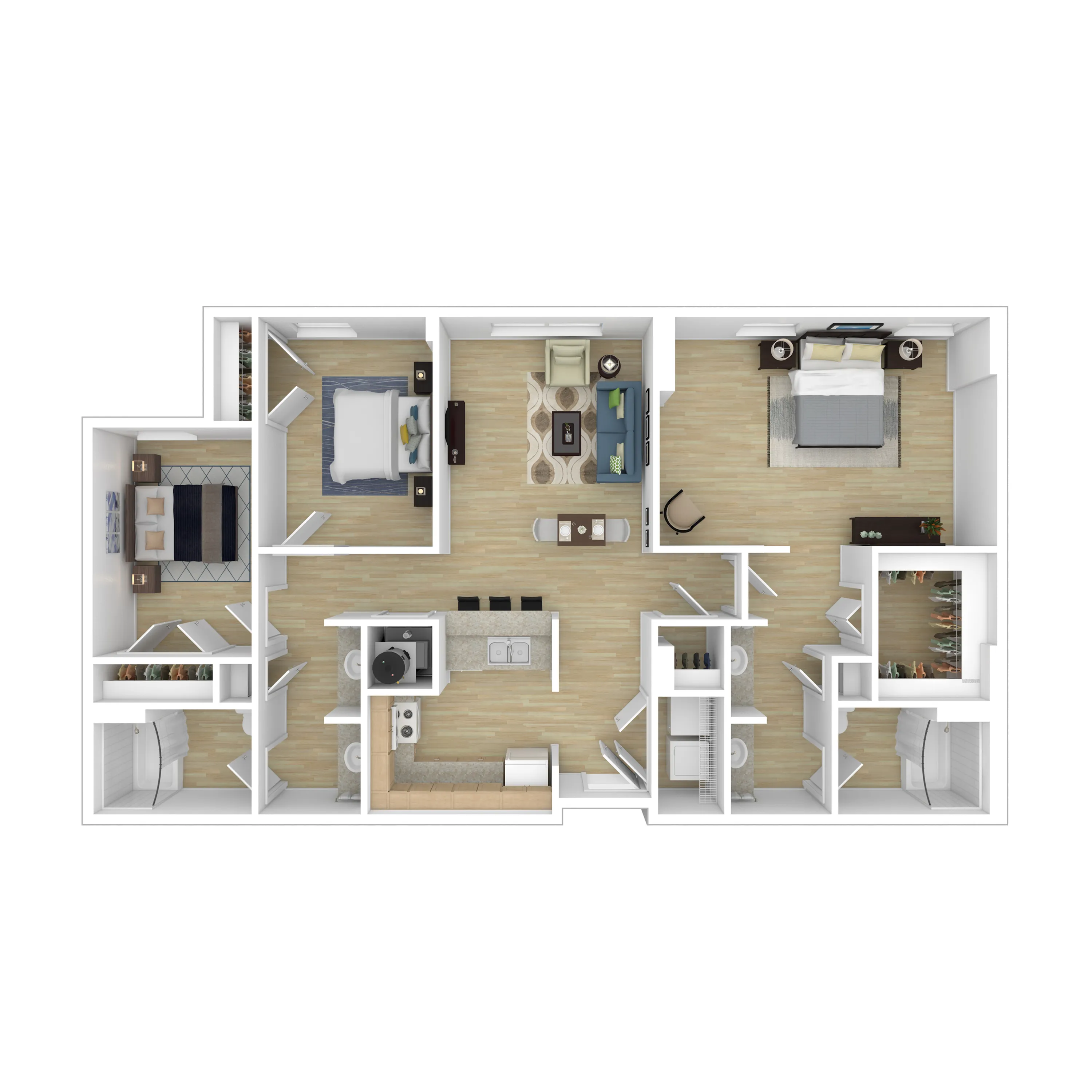 Modern 2D floor plan displaying 3 spacious bedrooms, elegant open-plan living area, and a well-designed kitchen.
