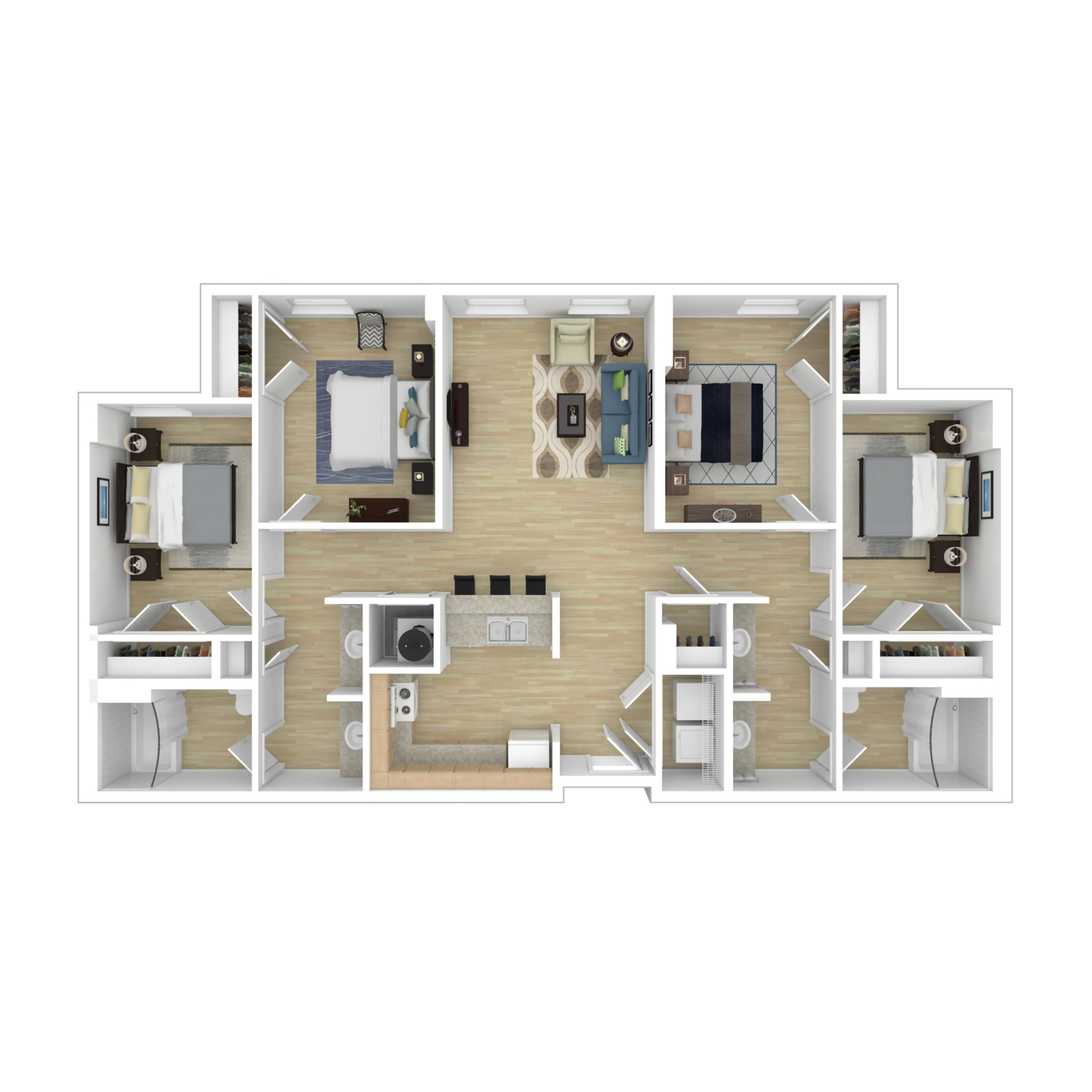 Elegant 3D floor plan showcasing 3 bedrooms, a modern open-plan living room, and a sleek kitchen, ideal for stylish living.