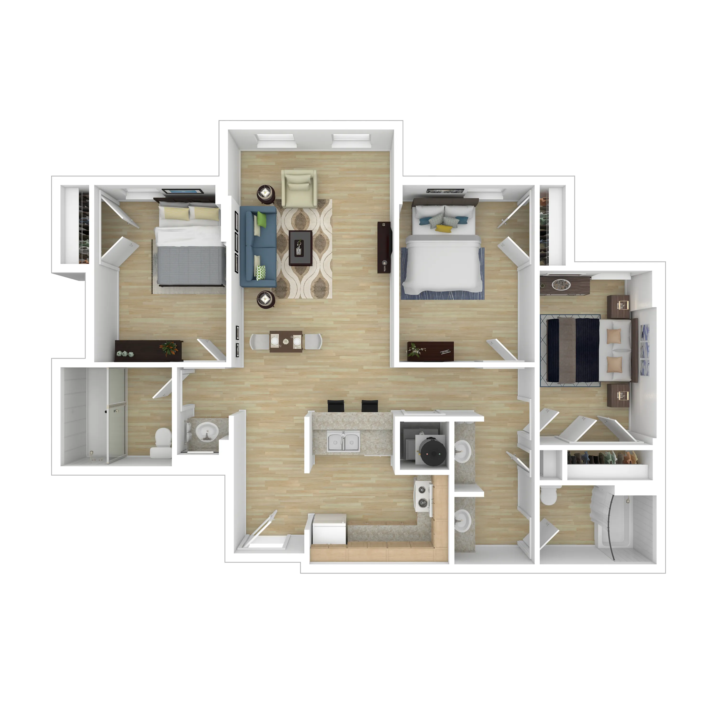 Modern floor plan showcasing three bedrooms, spacious open living and dining area, elegant kitchen, and two well-appointed bathrooms.