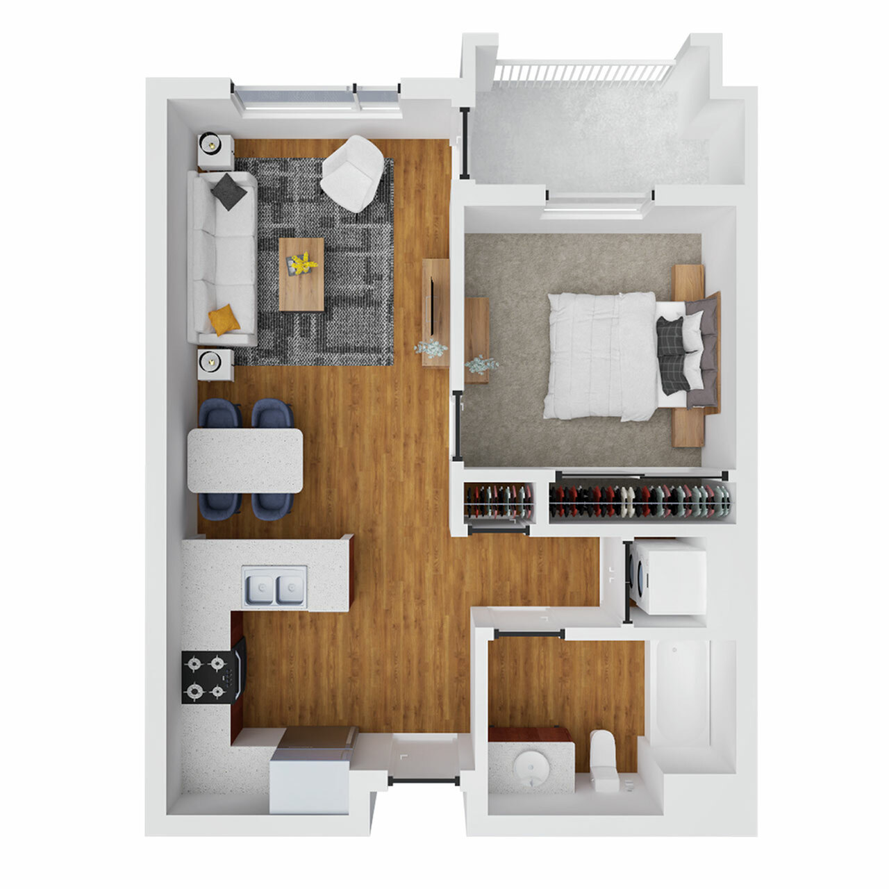 Modern 1-bedroom apartment floor plan with open-concept living area, sleek kitchen, and stylish bathroom.