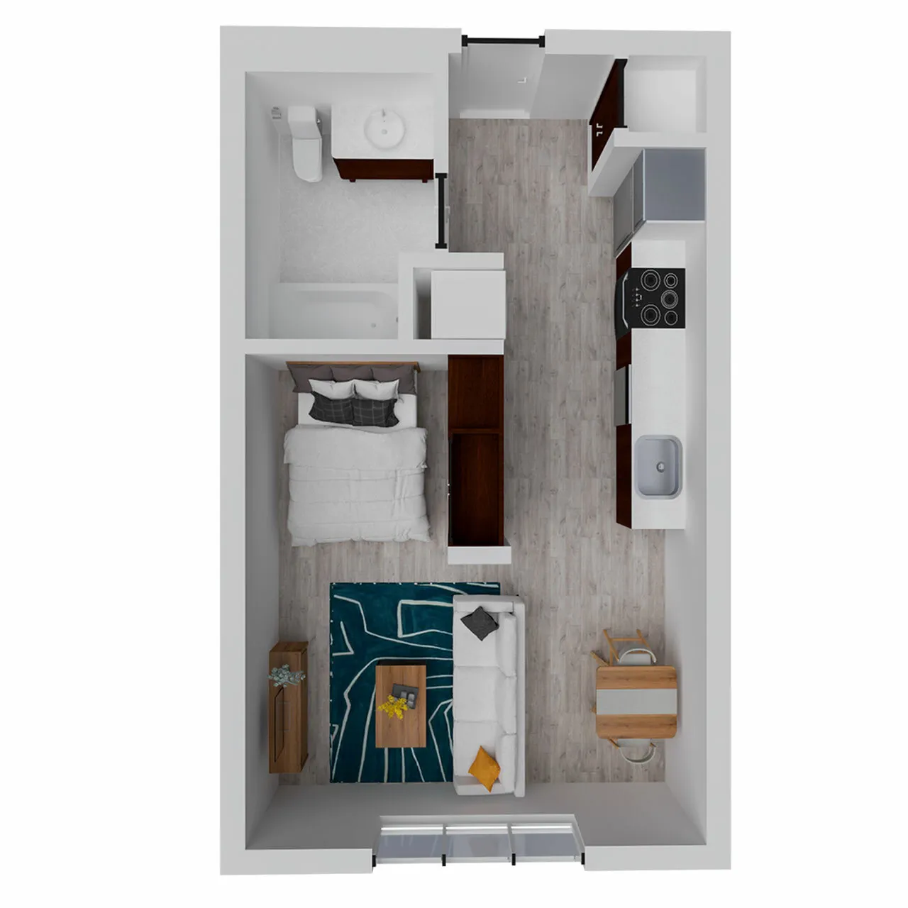 Modern 1-bedroom apartment floor plan with a cozy living area, sleek kitchen, and stylish bathroom.