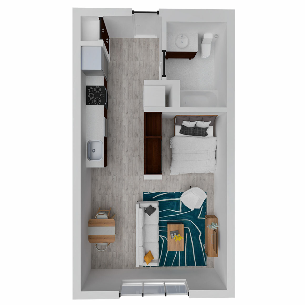 Modern open-plan studio apartment featuring a cozy bedroom, stylish kitchen, elegant living area, and contemporary bathroom.