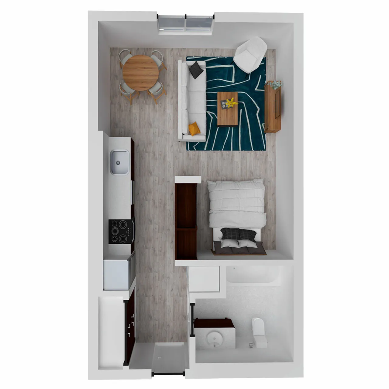 Charming studio apartment floor plan featuring an open-concept living area, cozy sleeping space, modern kitchen, and stylish bathroom.