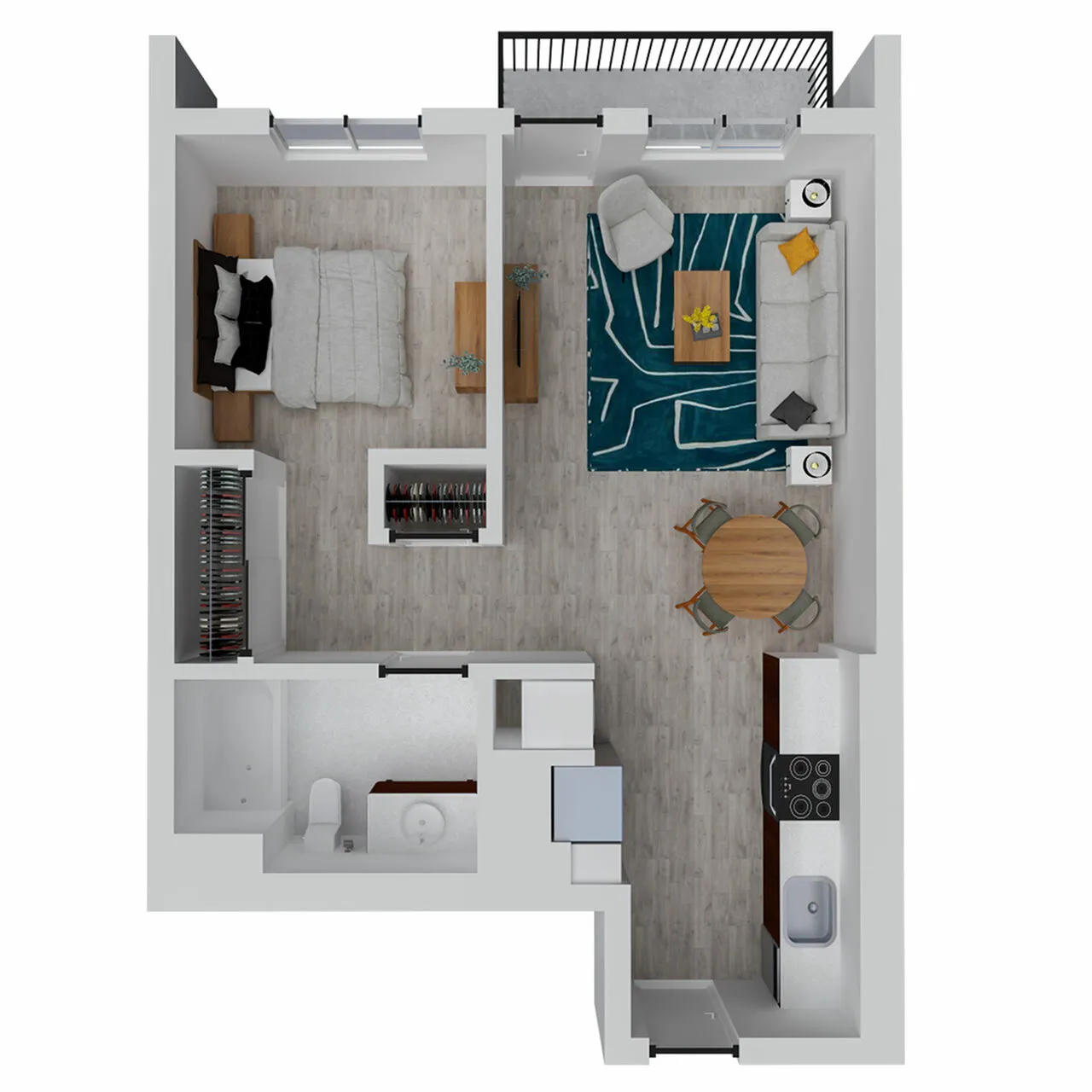 Modern apartment floor plan showcasing a spacious bedroom, open living area, sleek kitchen, and stylish bathroom, complete with balcony access.