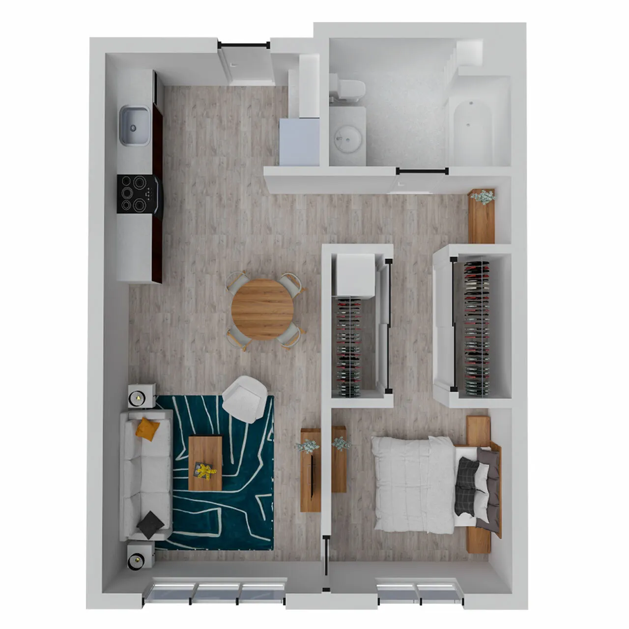 Chic apartment floor plan showcasing 1 bedroom, stylish open living area, cozy kitchen, and modern bathroom.