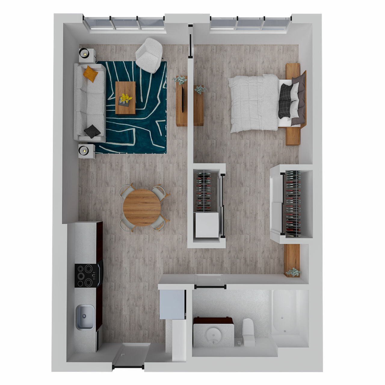 Chic 1-bedroom apartment floor plan with open living area, modern kitchen, cozy bedroom, and well-appointed bathroom. Ideal for stylish urban living.