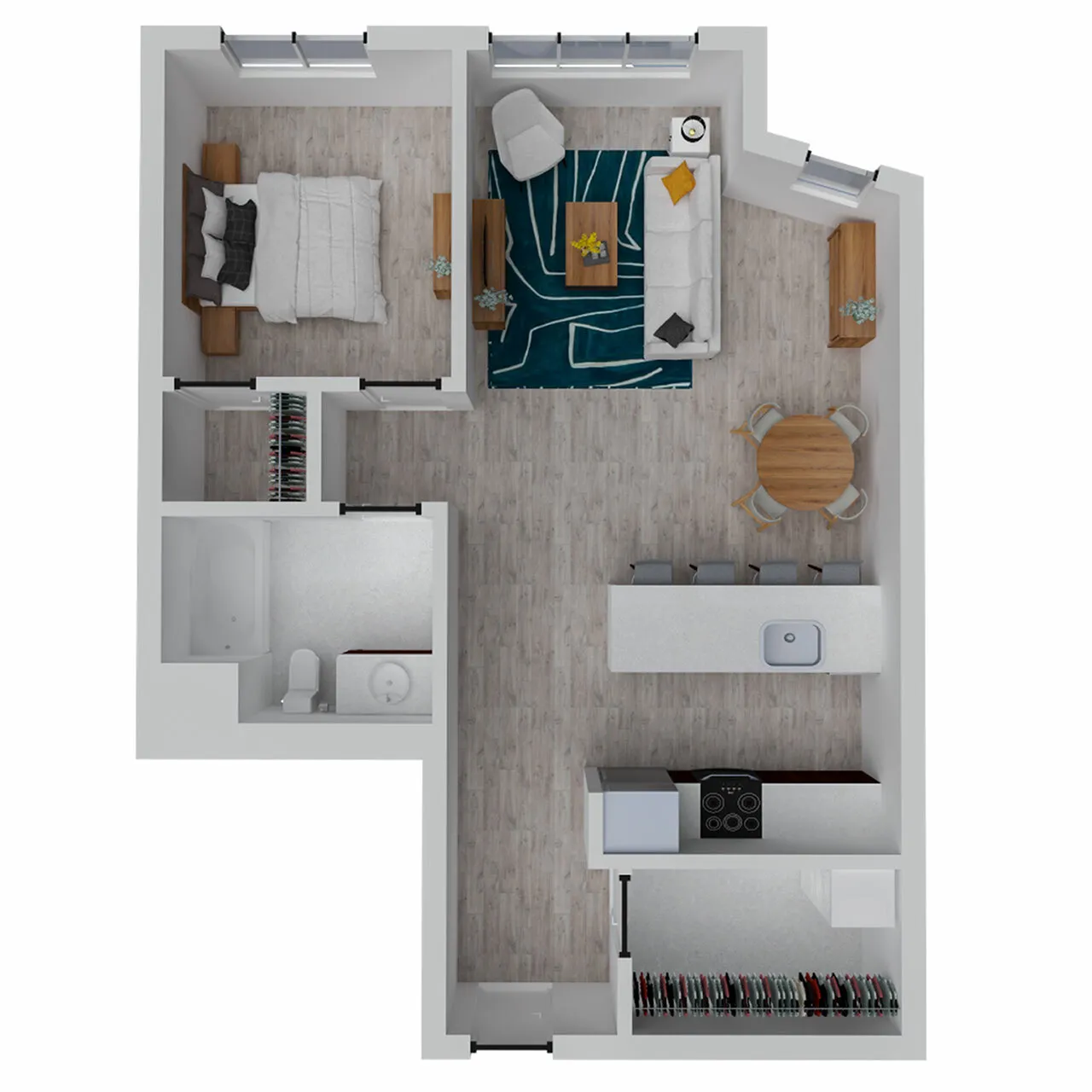 Modern 2D floor plan with a cozy bedroom, inviting living room, sleek kitchen, and elegant bathroom, perfect for contemporary living.
