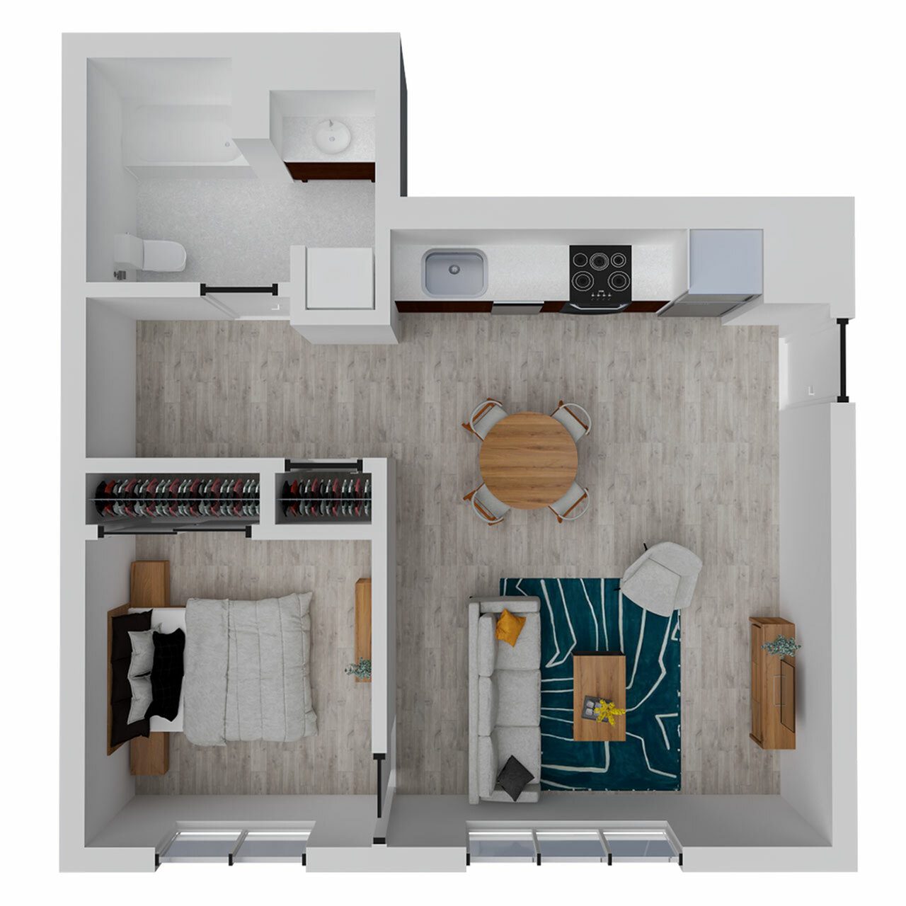 Modern 3D floor plan showcasing an open-concept layout with a cozy bedroom, compact kitchen, and spacious living area with stylish decor.
