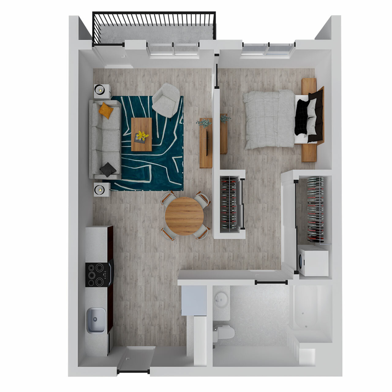 Modern apartment floor plan featuring an open living area, cozy bedroom, efficient kitchen, and private balcony.