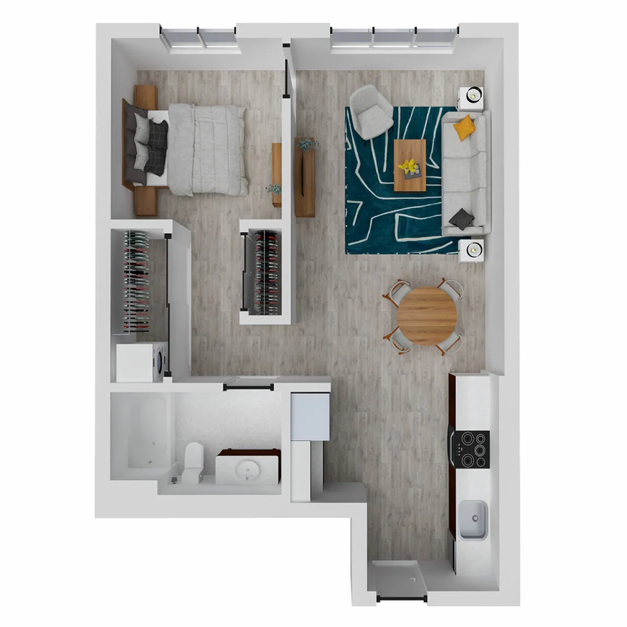 Chic 1-bedroom apartment floor plan featuring an open living area, modern kitchen, and stylish bathroom.