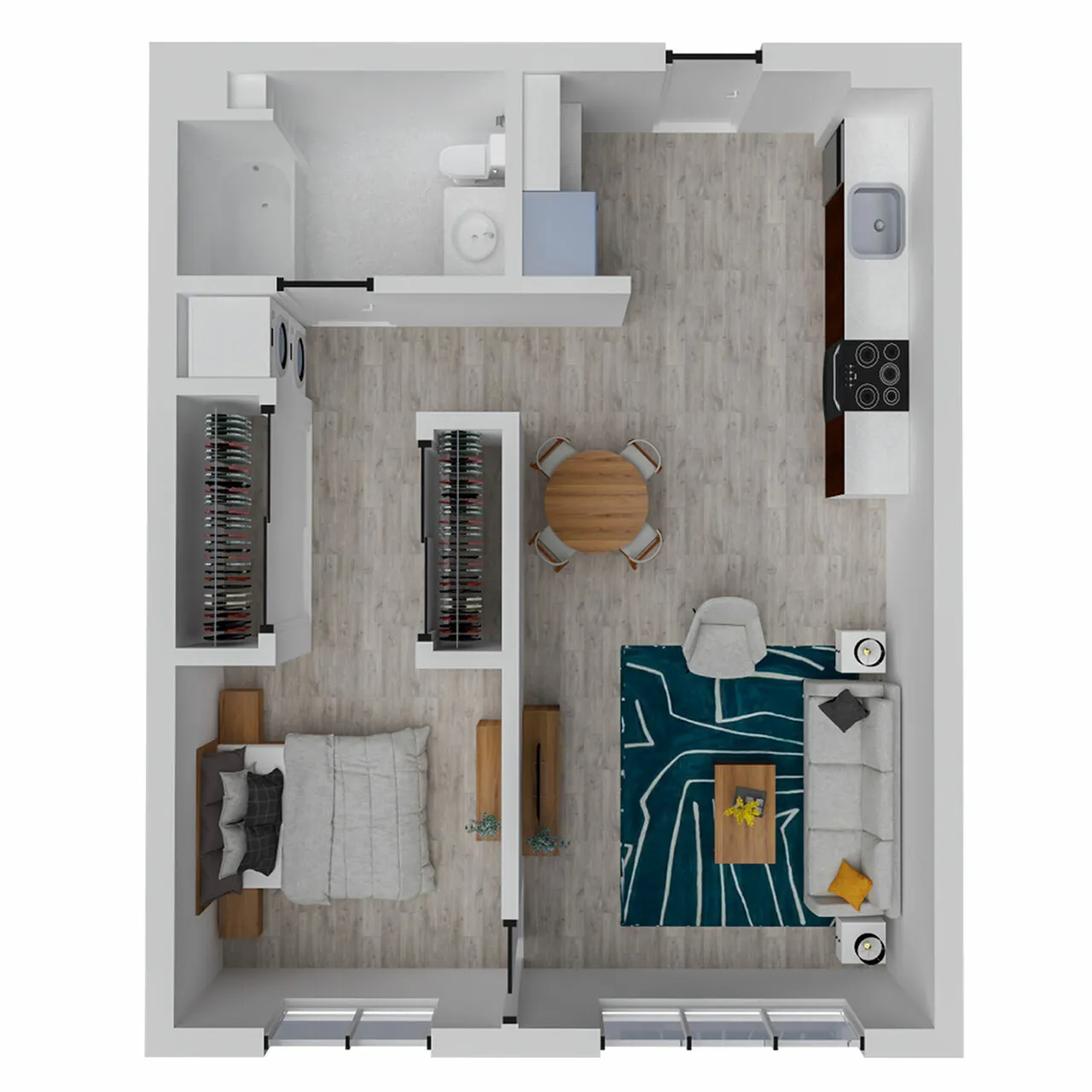 Modern floor plan showcasing a cozy 1-bedroom apartment with open-concept living room, chic kitchen, spacious bathroom, and dining area.