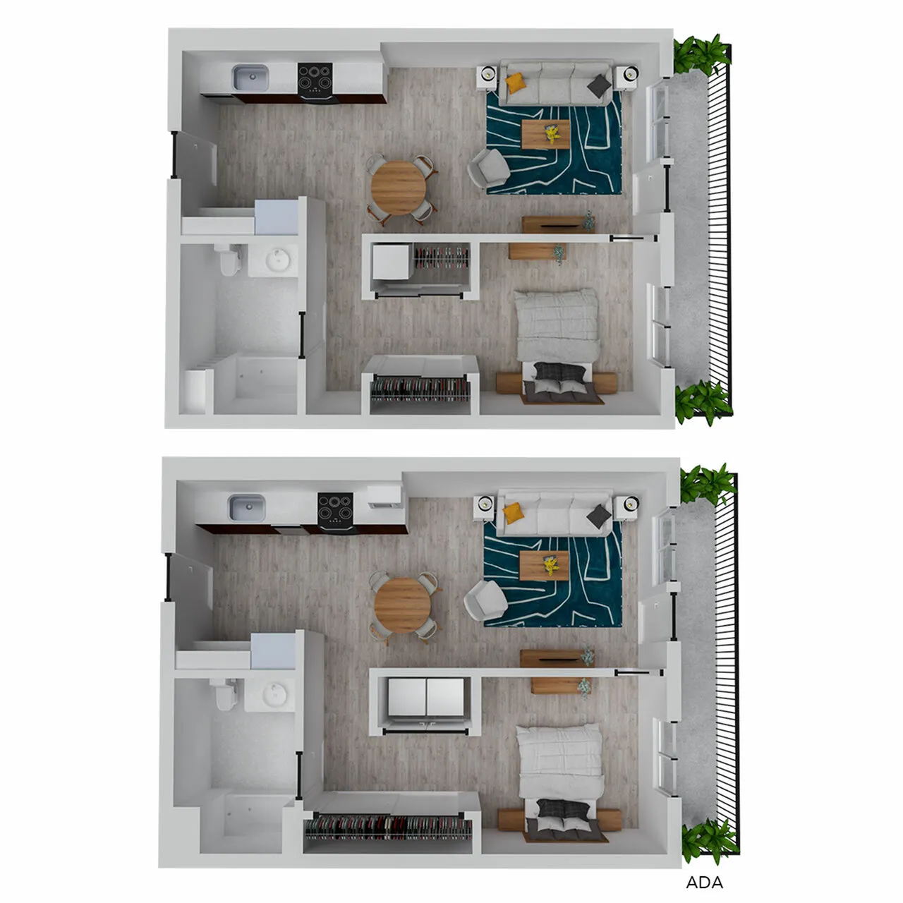 Modern 2D apartment floor plan showcasing efficient 1-bedroom layout with open-concept living area, stylish kitchen, and private balcony, highlighting smart space utilization.