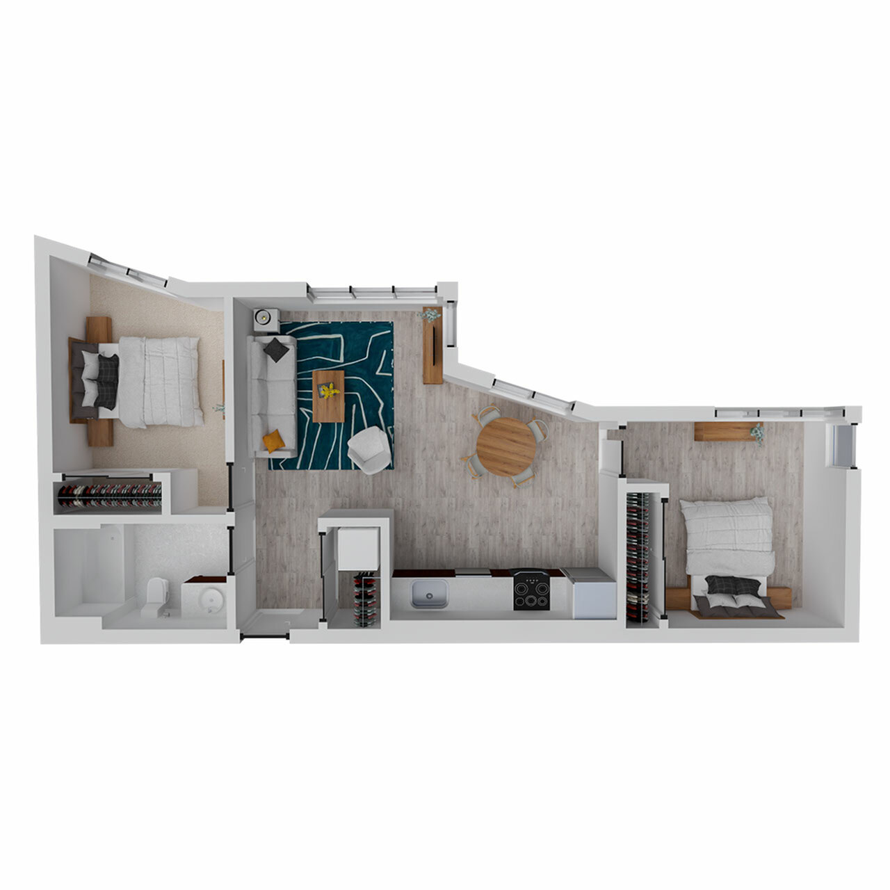 Chic 2D floor plan showcasing a modern two-bedroom layout with an open living and dining area, sleek kitchen, and stylish bathroom.