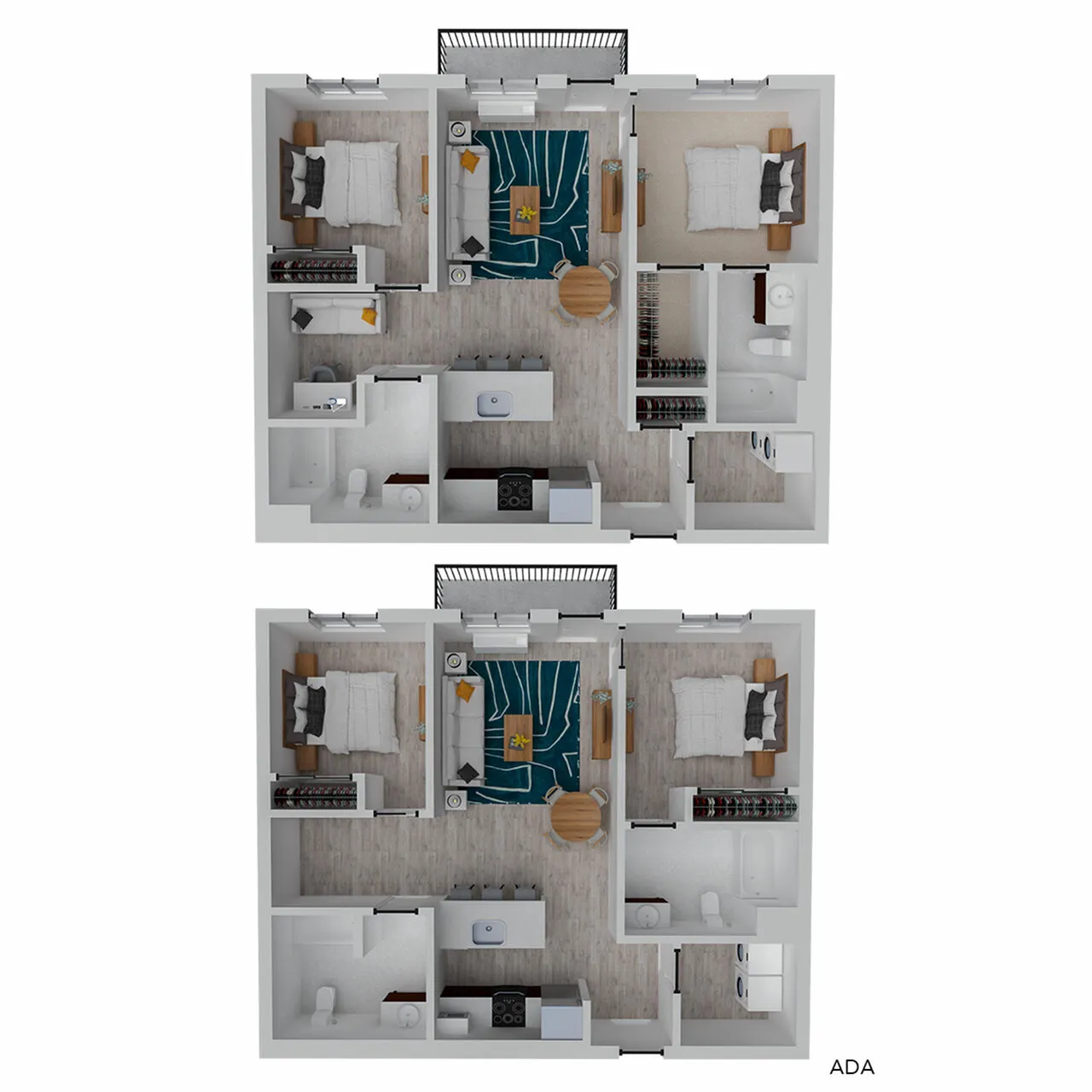 Modern dual apartment floor plans featuring 2 bedrooms, open living area, and sleek kitchen with ADA accessibility.