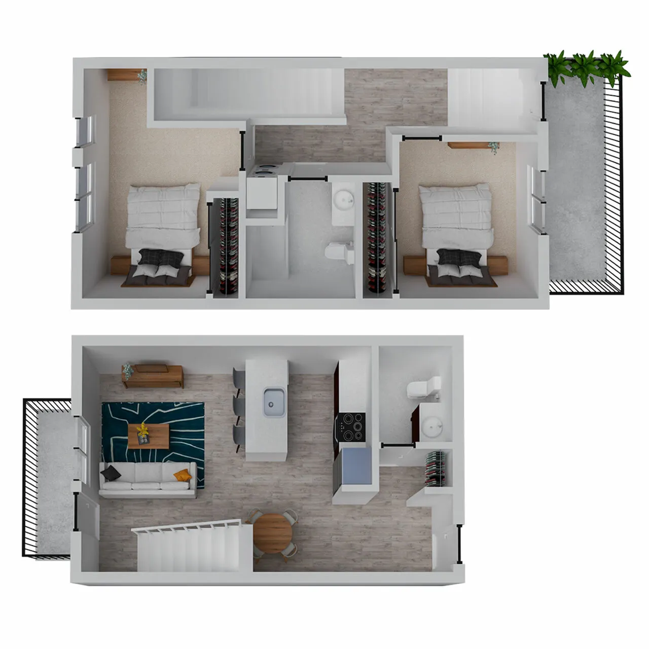 Modern two-story floor plan featuring 2 cozy bedrooms, open kitchen with island, inviting living room, and stylish bathrooms.