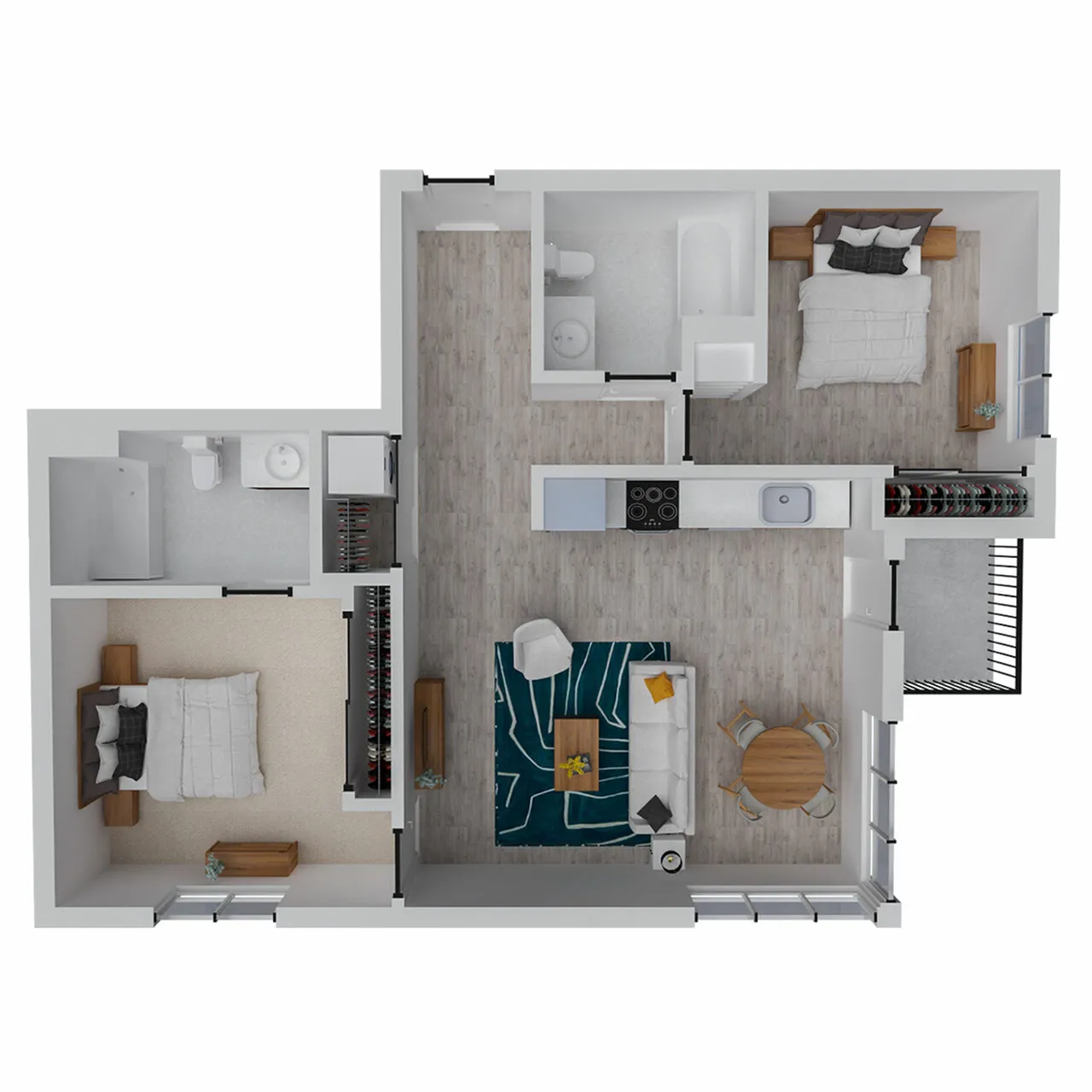 Modern floor plan showcasing 2 bedrooms, stylish living room, open kitchen, and cozy dining area.