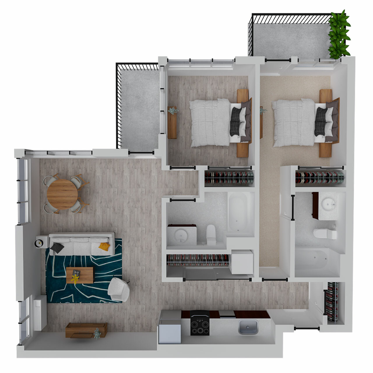 Modern floor plan showcasing 2 cozy bedrooms, an open living and dining area, sleek kitchen, and two bathrooms, complemented by dual balconies for relaxation.