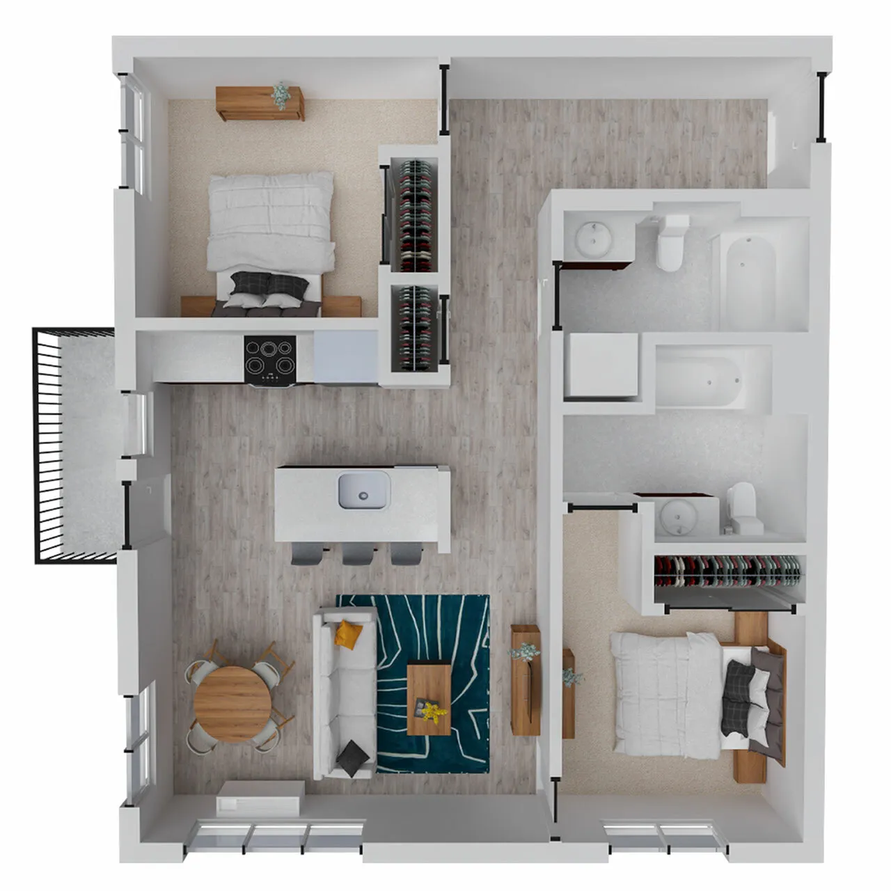 Modern 2D floor plan showcasing a 2-bedroom apartment with an open-concept kitchen, cozy living area, dining space, and two bathrooms, complete with a stylish balcony.